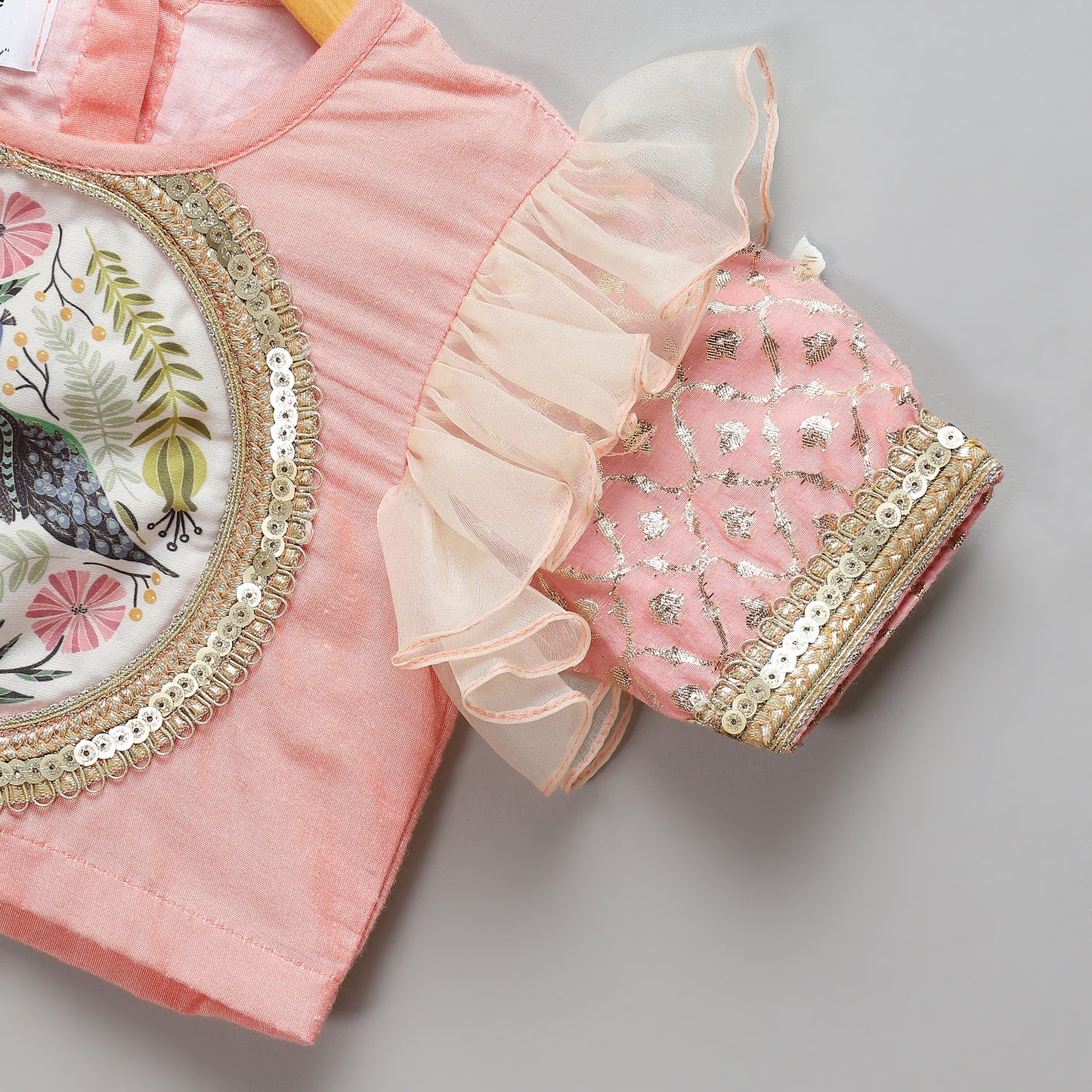 Peach peacock Printed Chanderi lehnga set