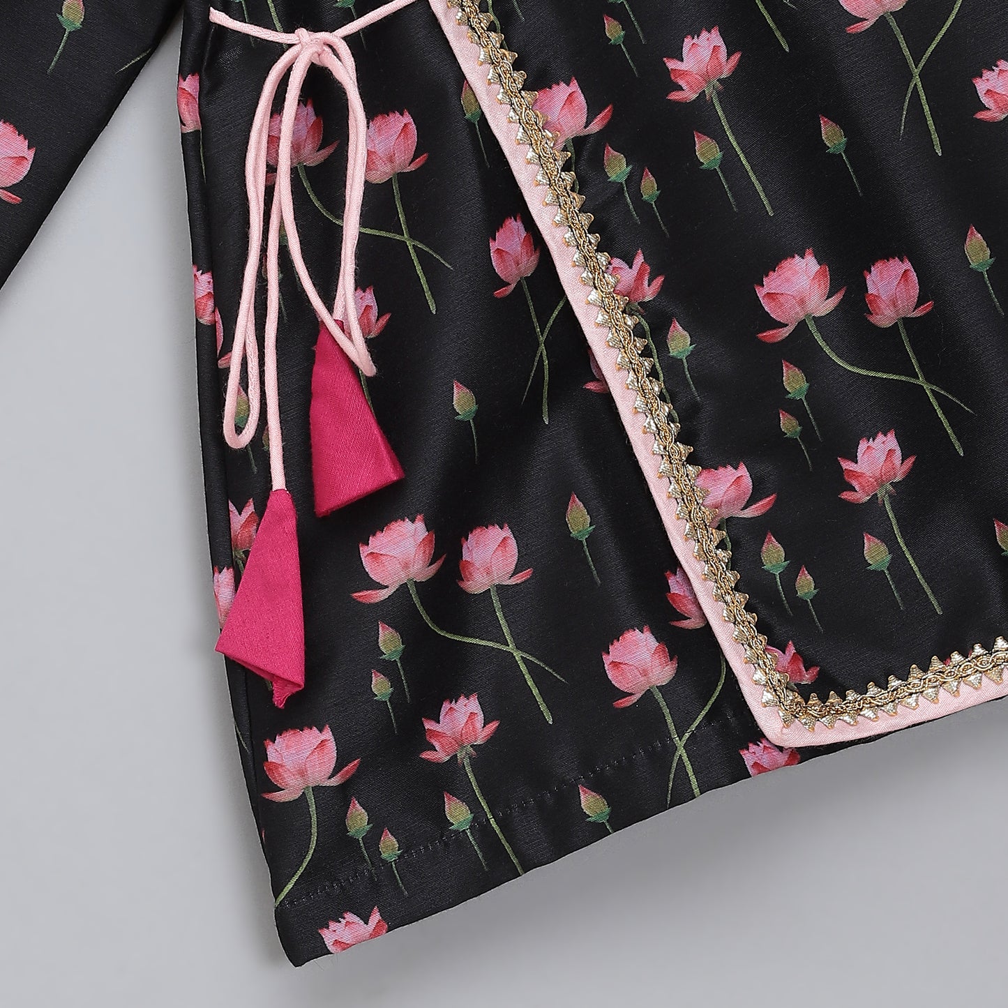 Black/ baby pink lotus Print Kurta Dhoti set