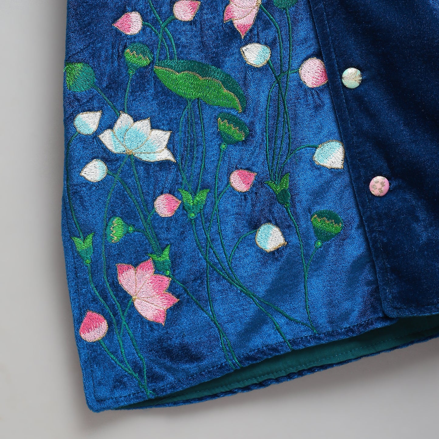 Blue Velvet bandhgala embroidery set with Offwhite trousers