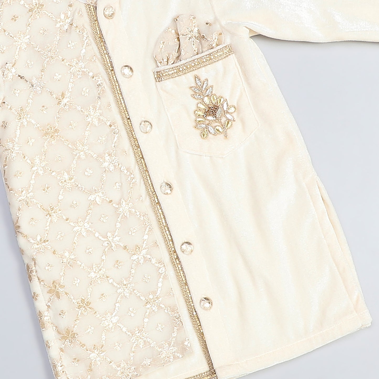 Off white Velvet Kurta set with chanderi panel