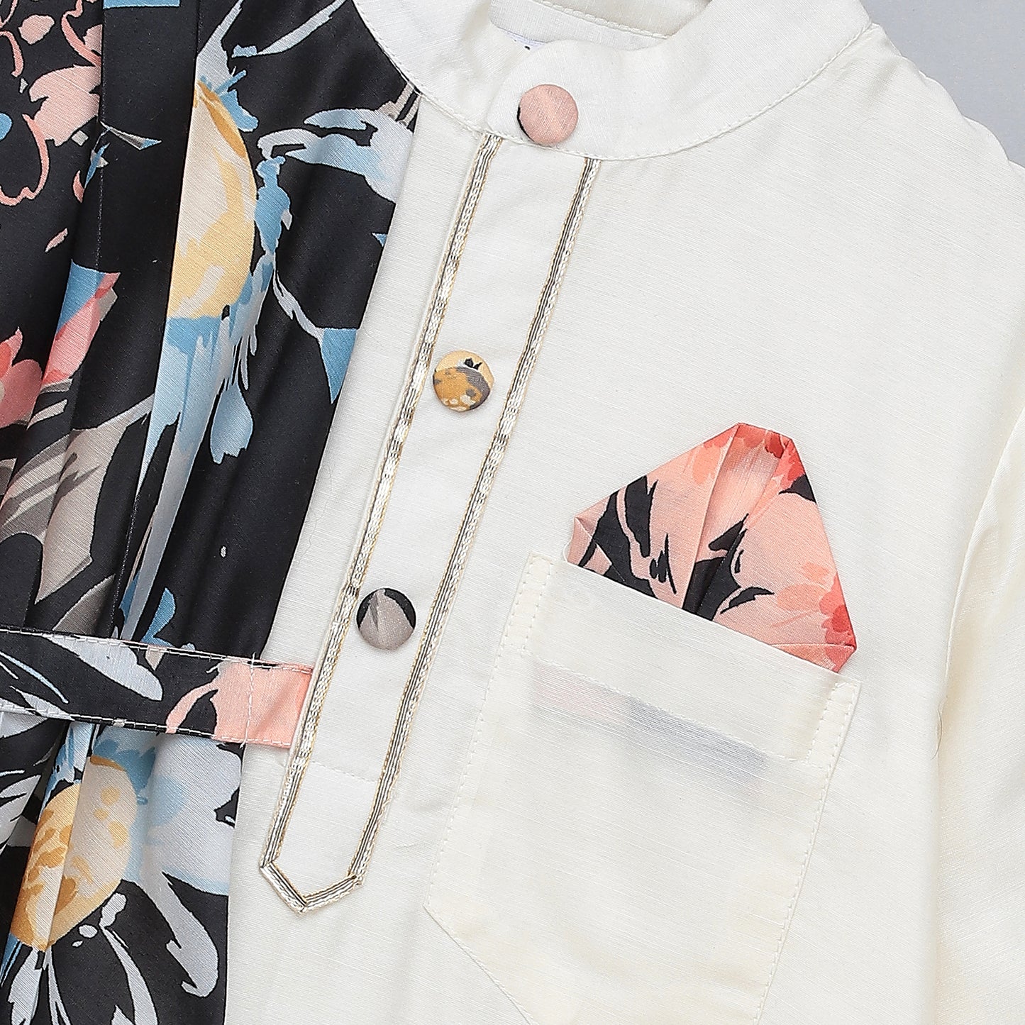 Assymetric pleat print Offwhite Black Kurta Pyjama