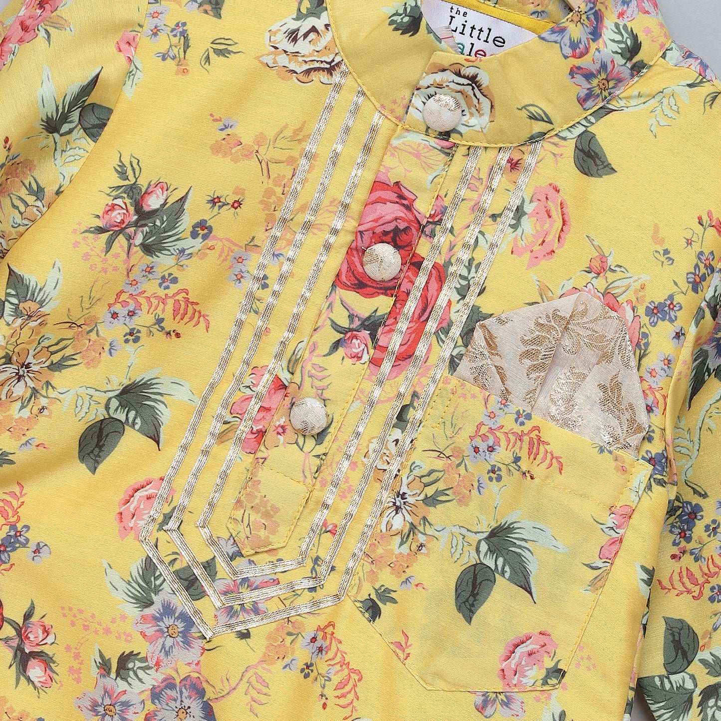 Yellow printed kurta pyjama set with attached print panel