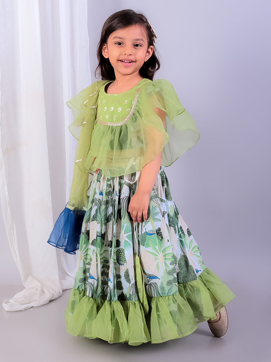 Green organza frill printed lehnga set with duppata