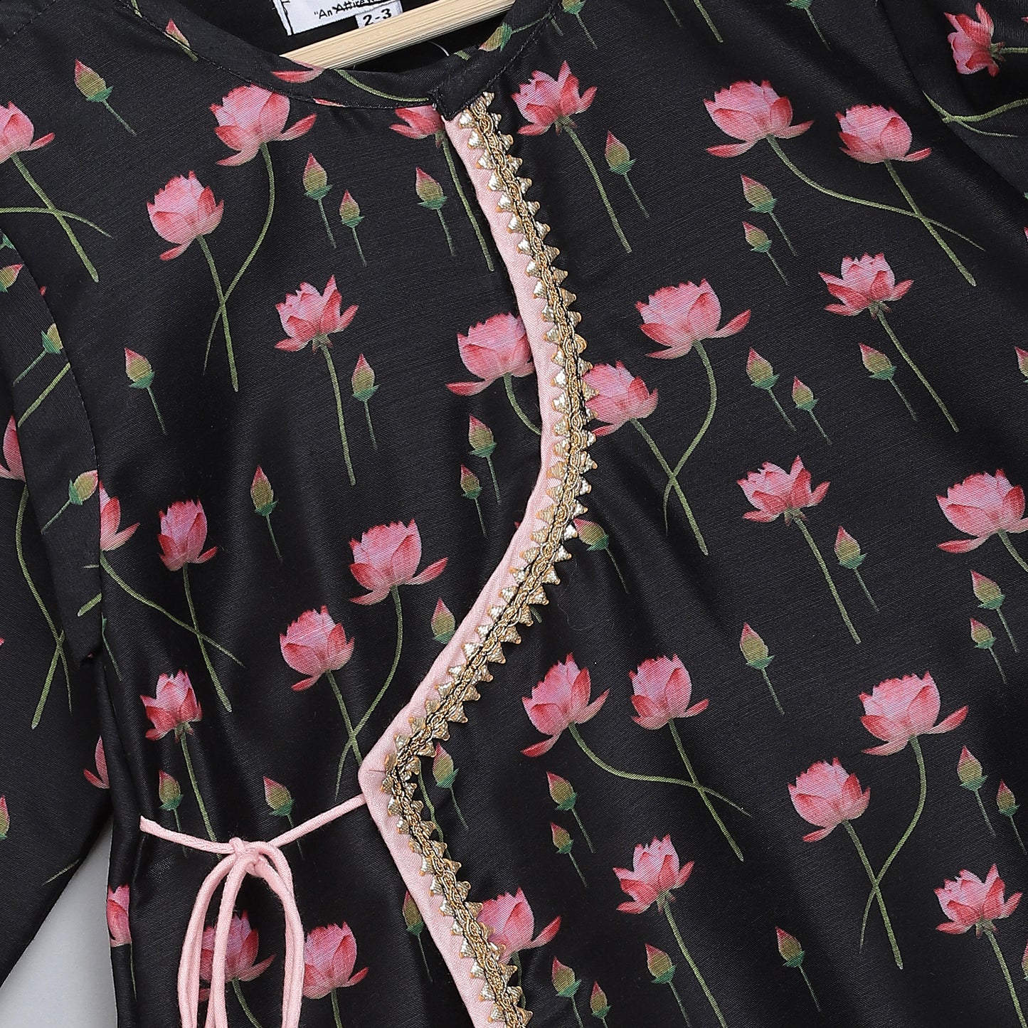Black/ baby pink lotus Print Kurta Dhoti set