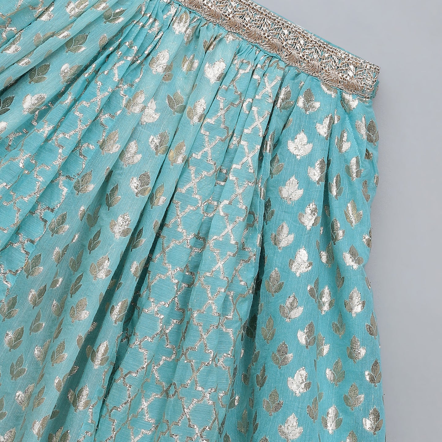 Blue ruffled Blouse with Cotton Zari Lehnga