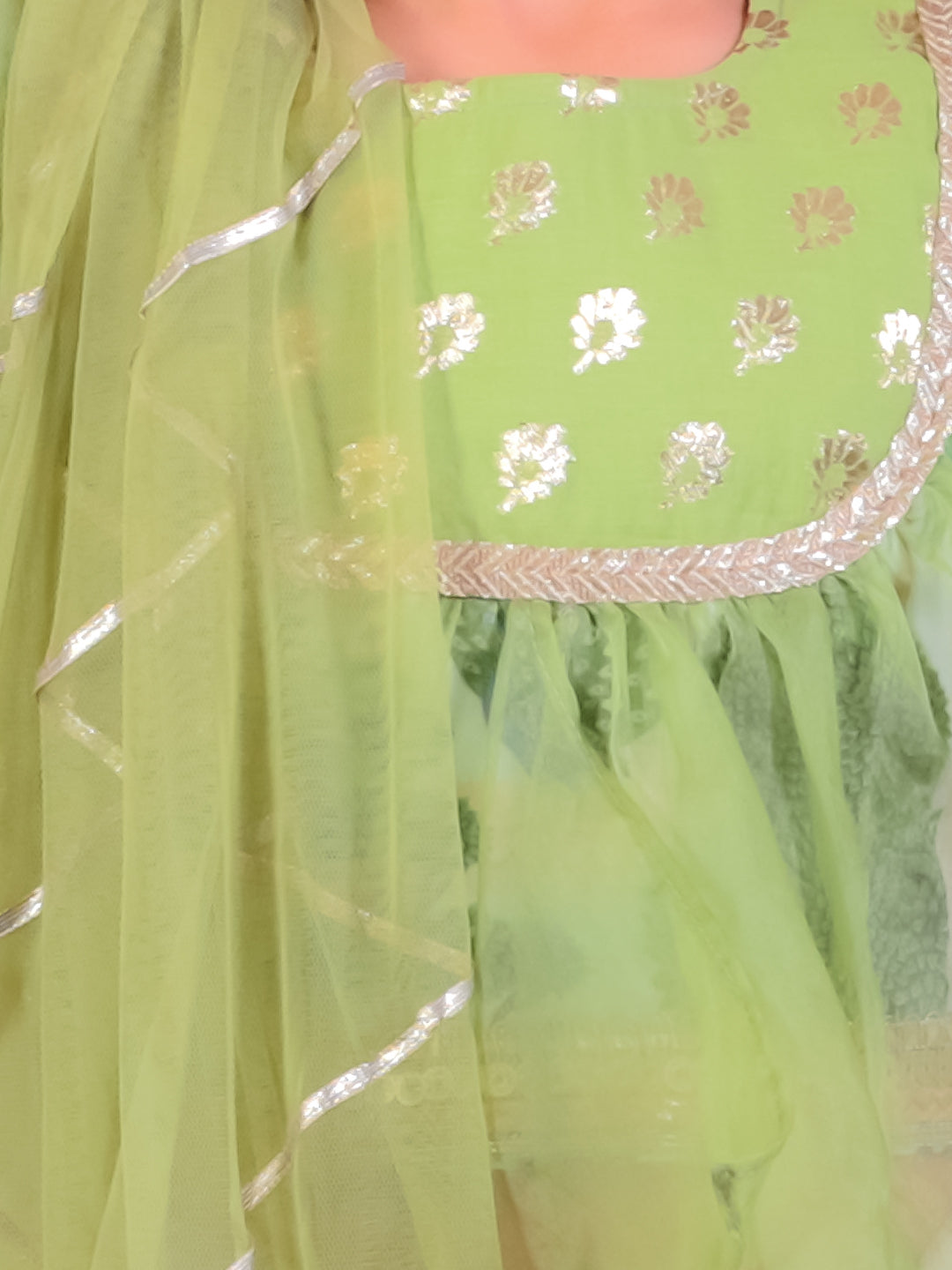 Green organza frill printed lehnga set with duppata