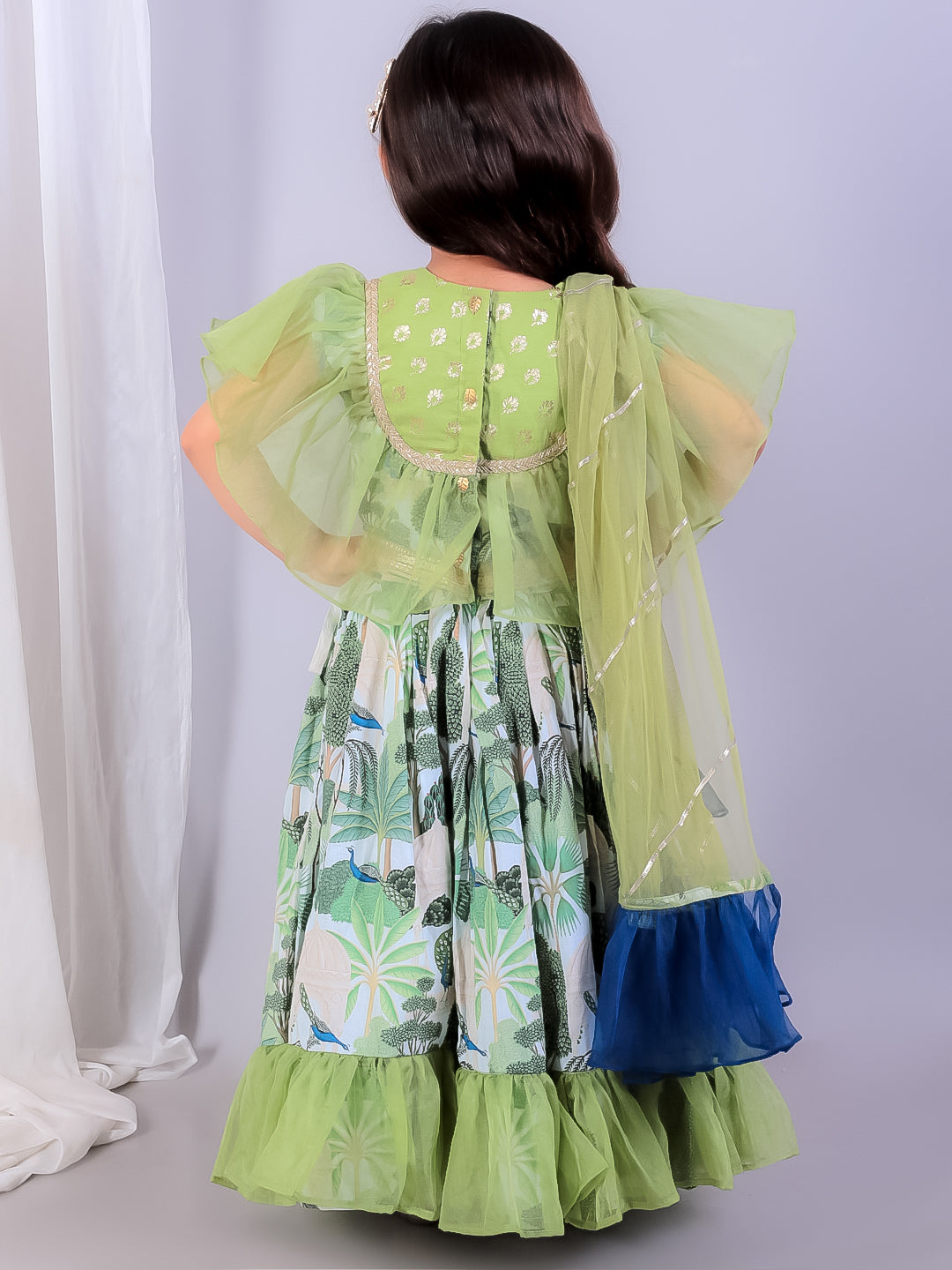 Green organza frill printed lehnga set with duppata