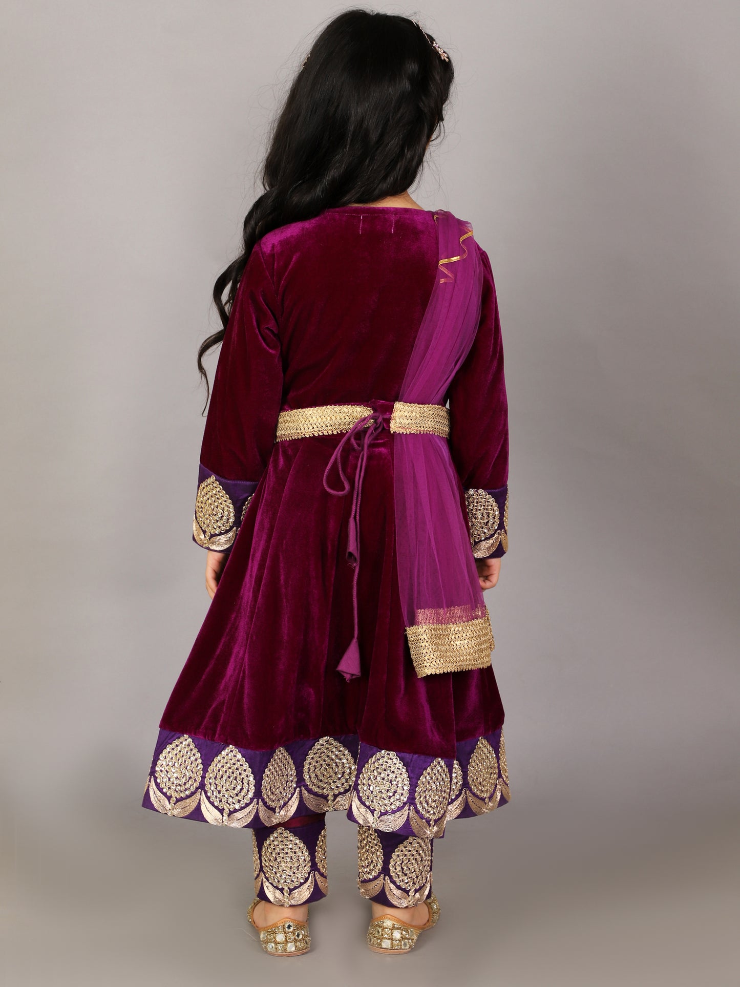 Purple Velvet Embroidered Anarkali Pants with Net Dupatta