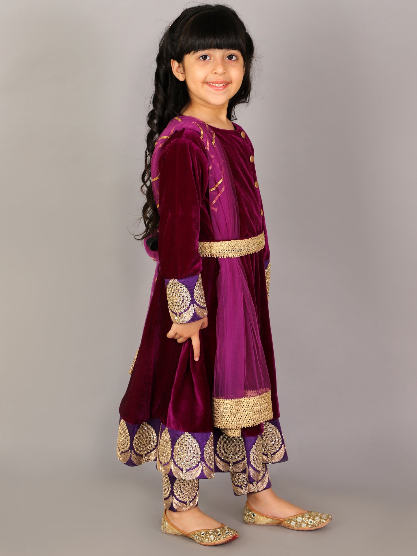 Purple Velvet Embroidered Anarkali Pants with Net Dupatta