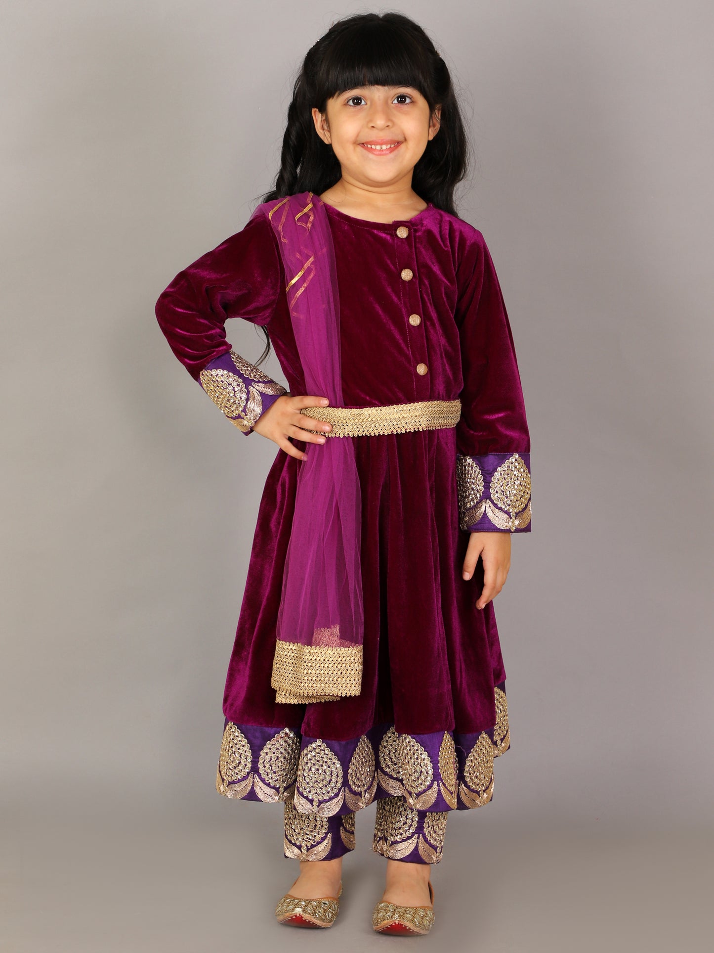 Purple Velvet Embroidered Anarkali Pants with Net Dupatta