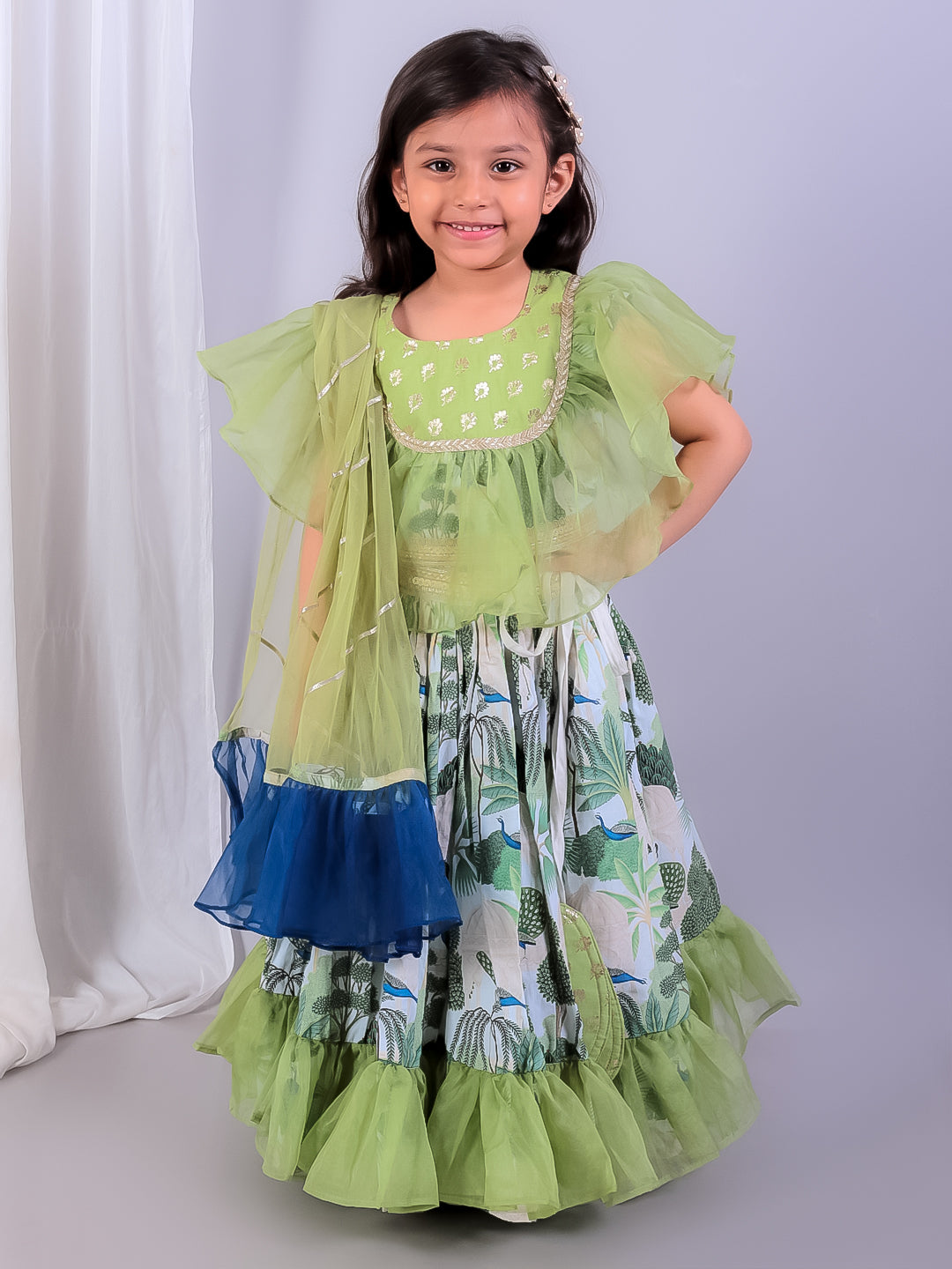 Green organza frill printed lehnga set with duppata