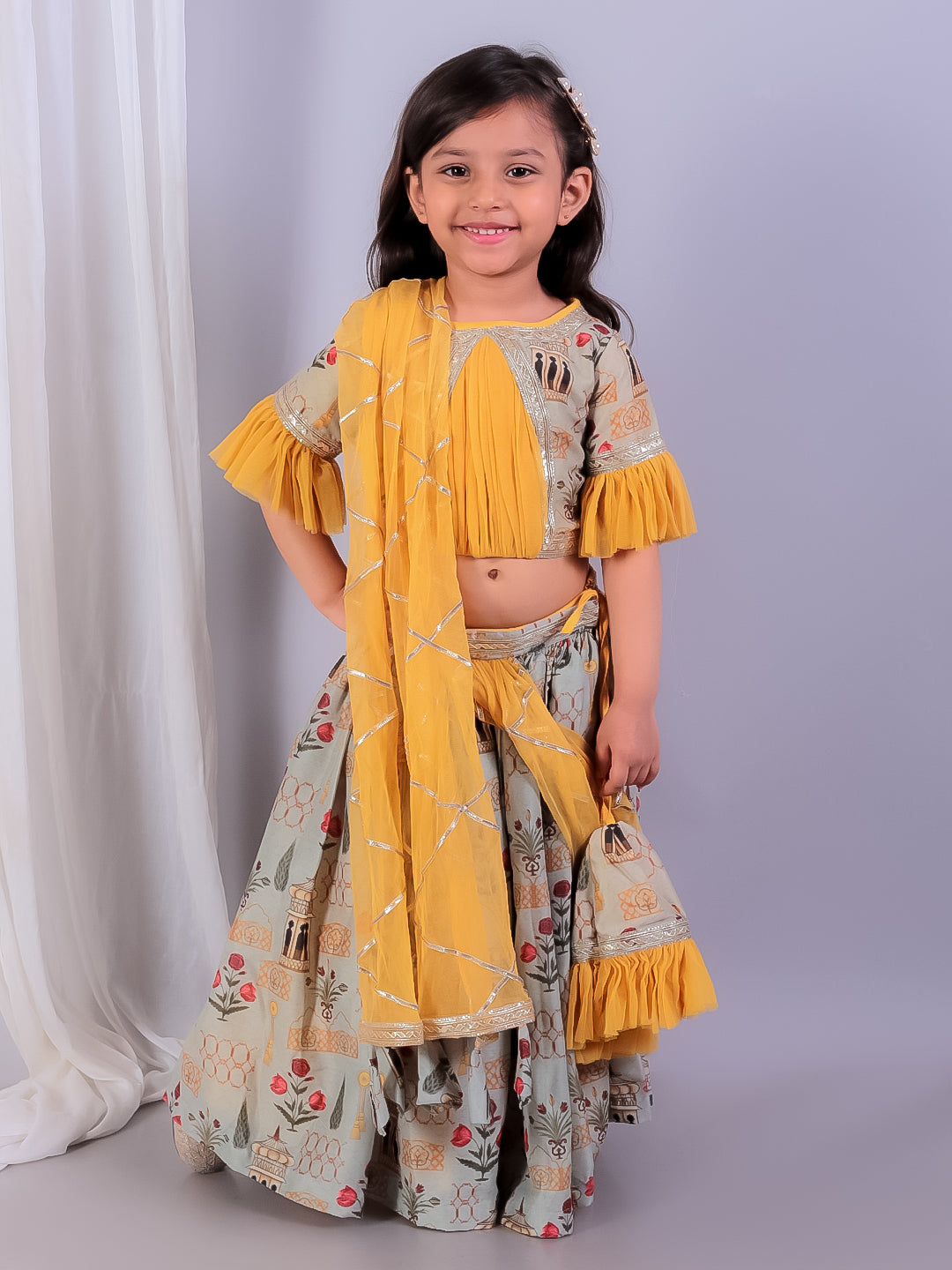 Mughal printed blouse lehnga set with attached dupatta