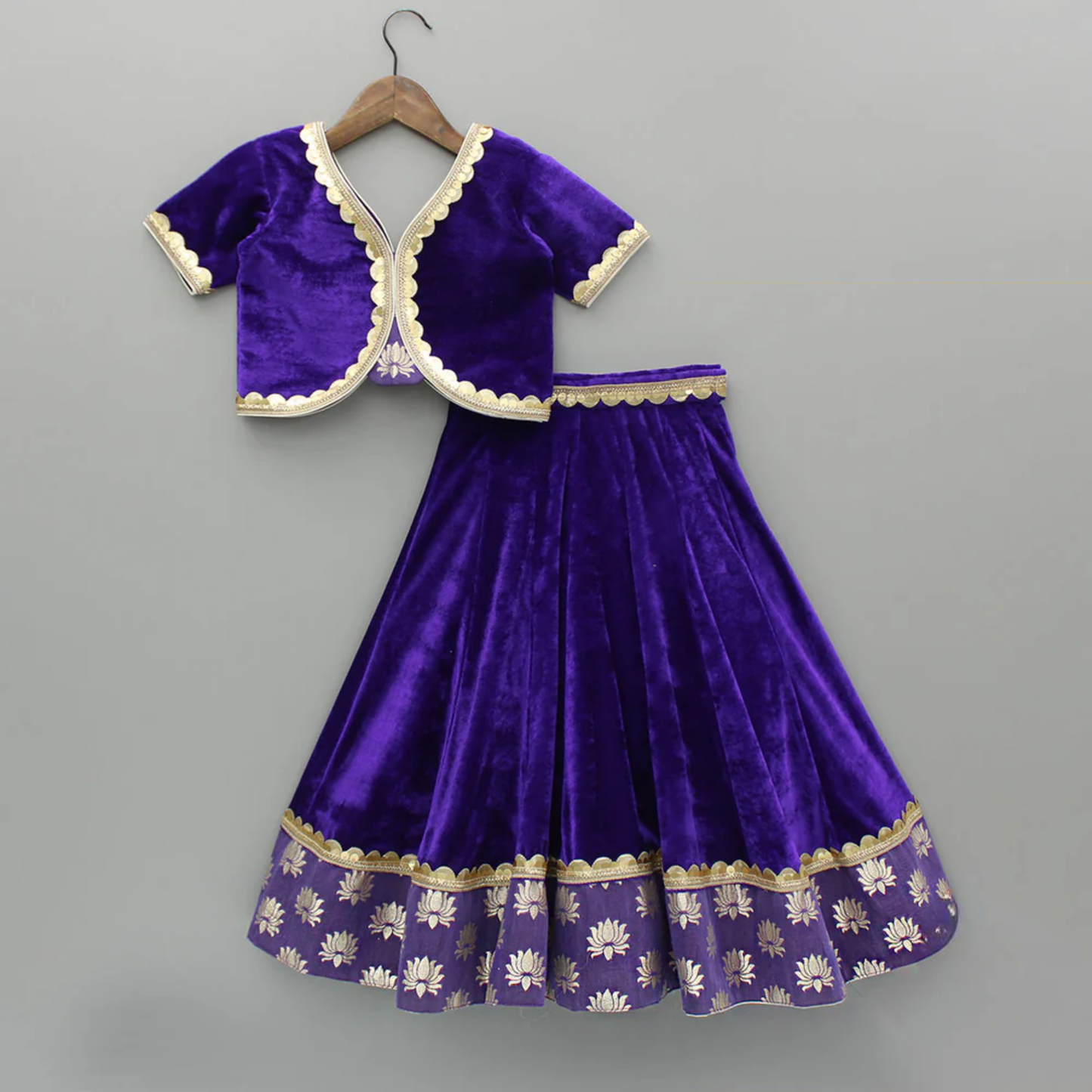 Purple velvet lotus print lehenga set