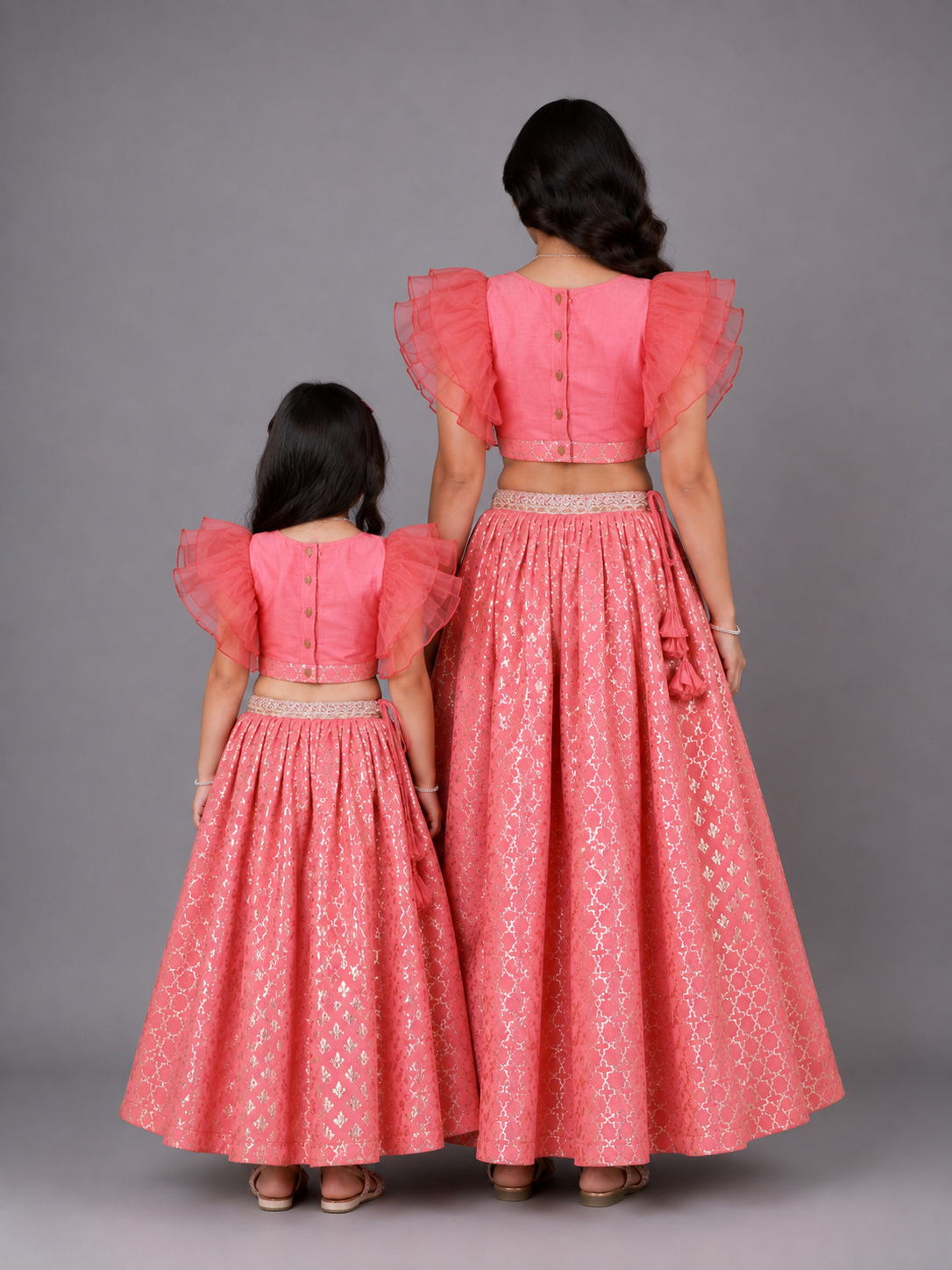 Coral Pink Ruffled Blouse with Cotton Zari Lehnga