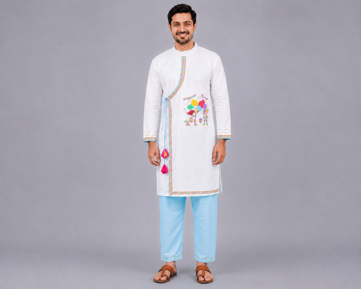 Kids Playing Holi printed pocket Kurta Pyjama set