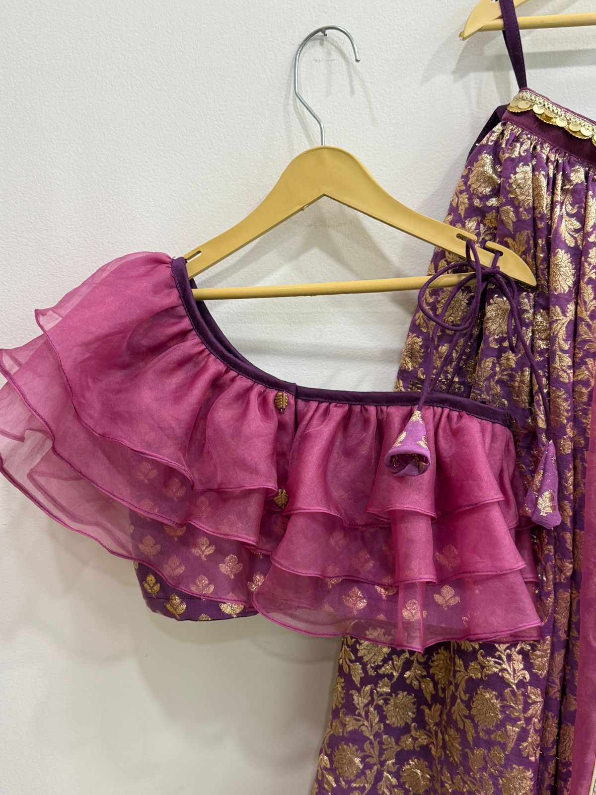 Dusky Purple Off shoulder organza frill chanderi lehnga set(MAASI KI SHAADI)