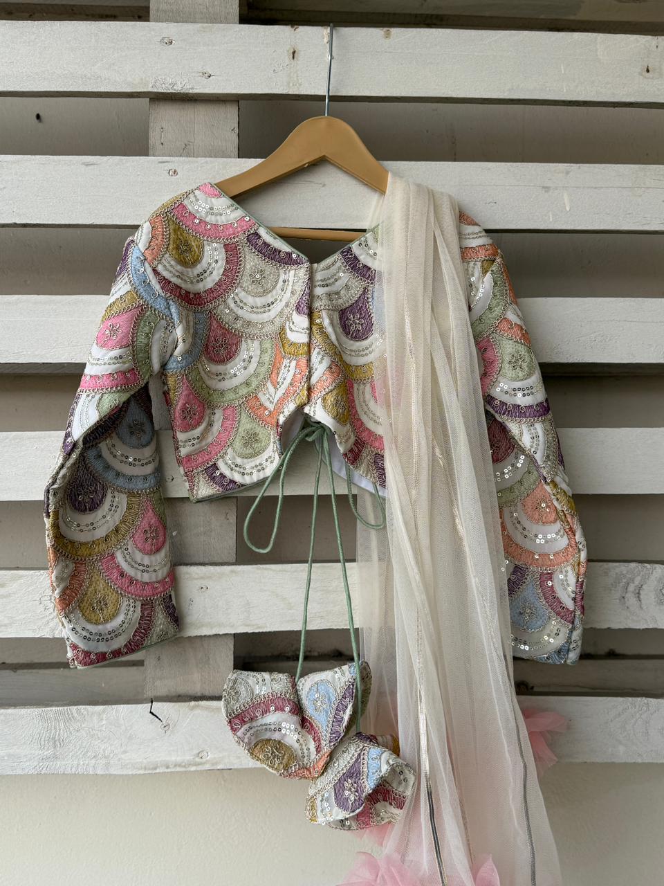 White Embroidery lehenga set (full sleeves)