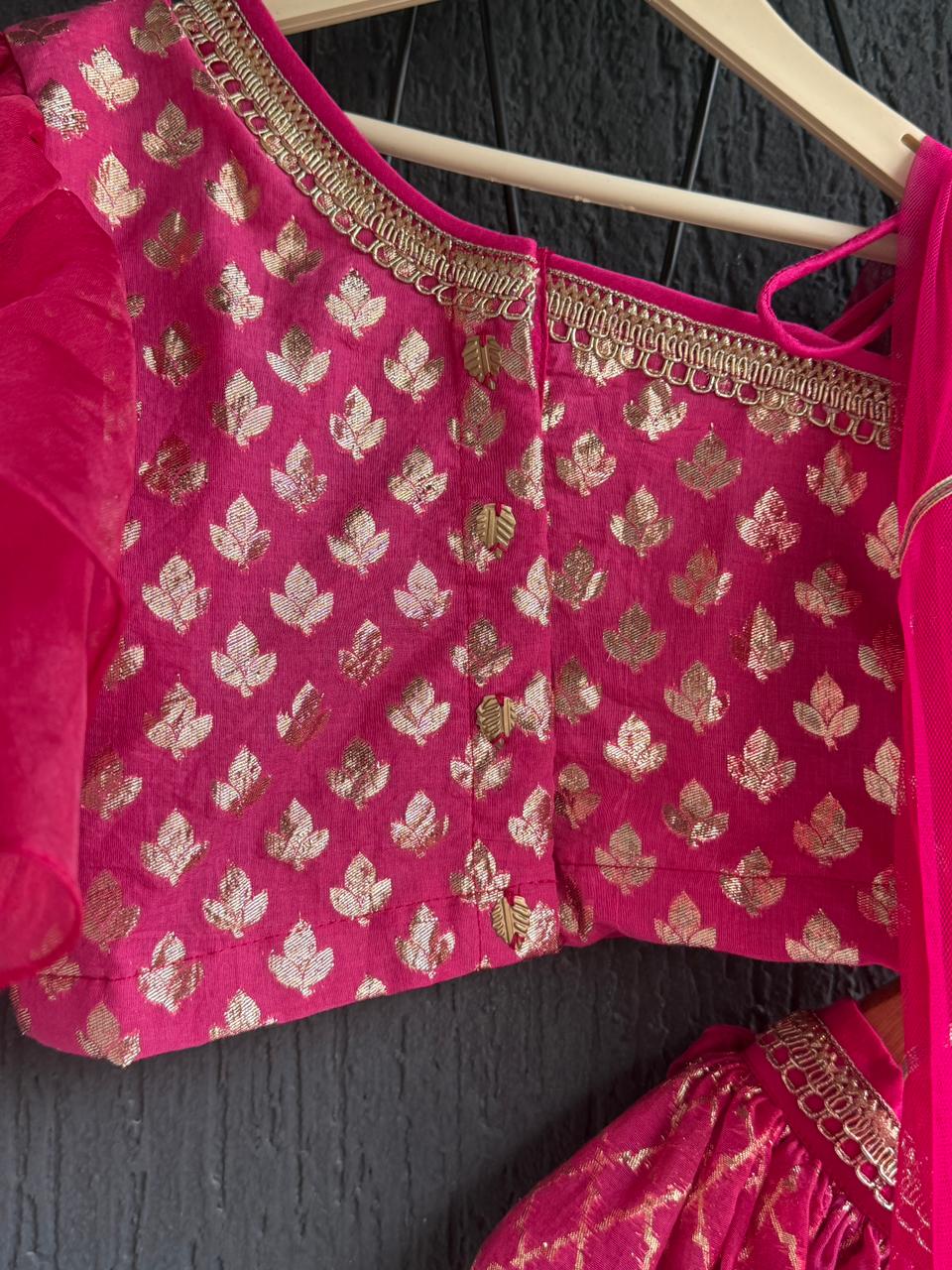 One off shoulder blouse with attached dupatta and chanderi Lehnga(MAASI KI SHAADI)