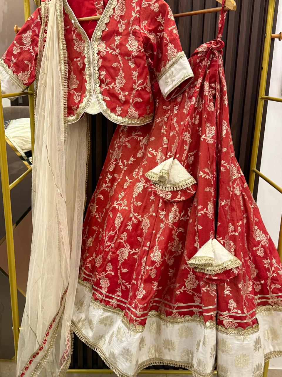 Red chanderi lehnga set with lotus highlights