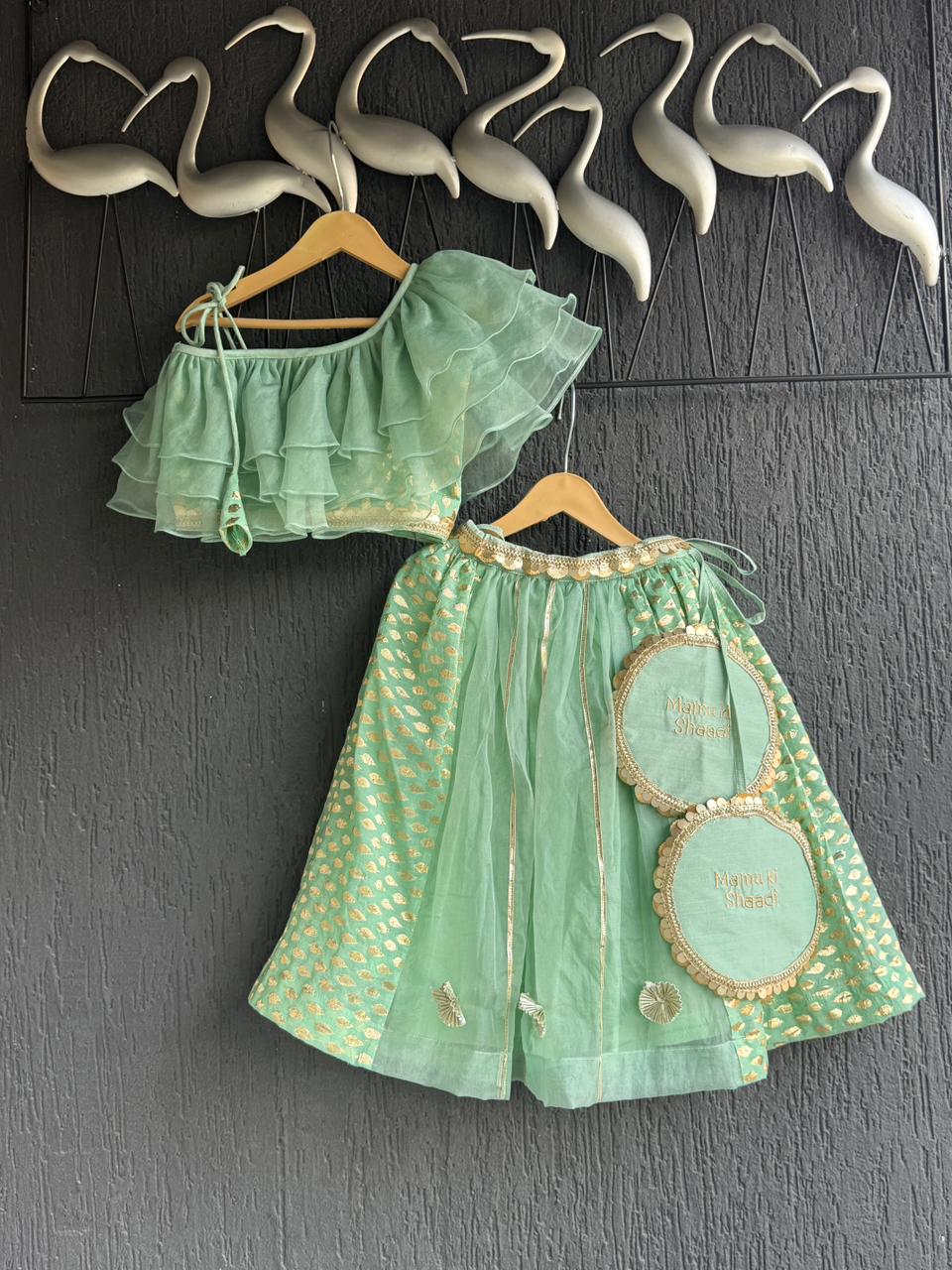 One off shoulder Pastel Green blouse chanderi Lehnga(MAASI KI SHAADI)
