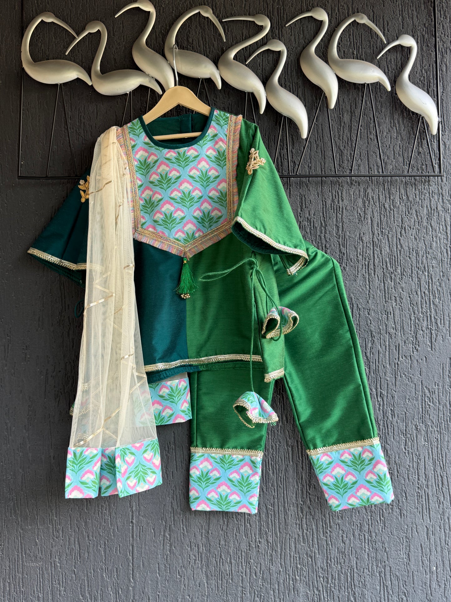 Color blocking green A-line kurta set