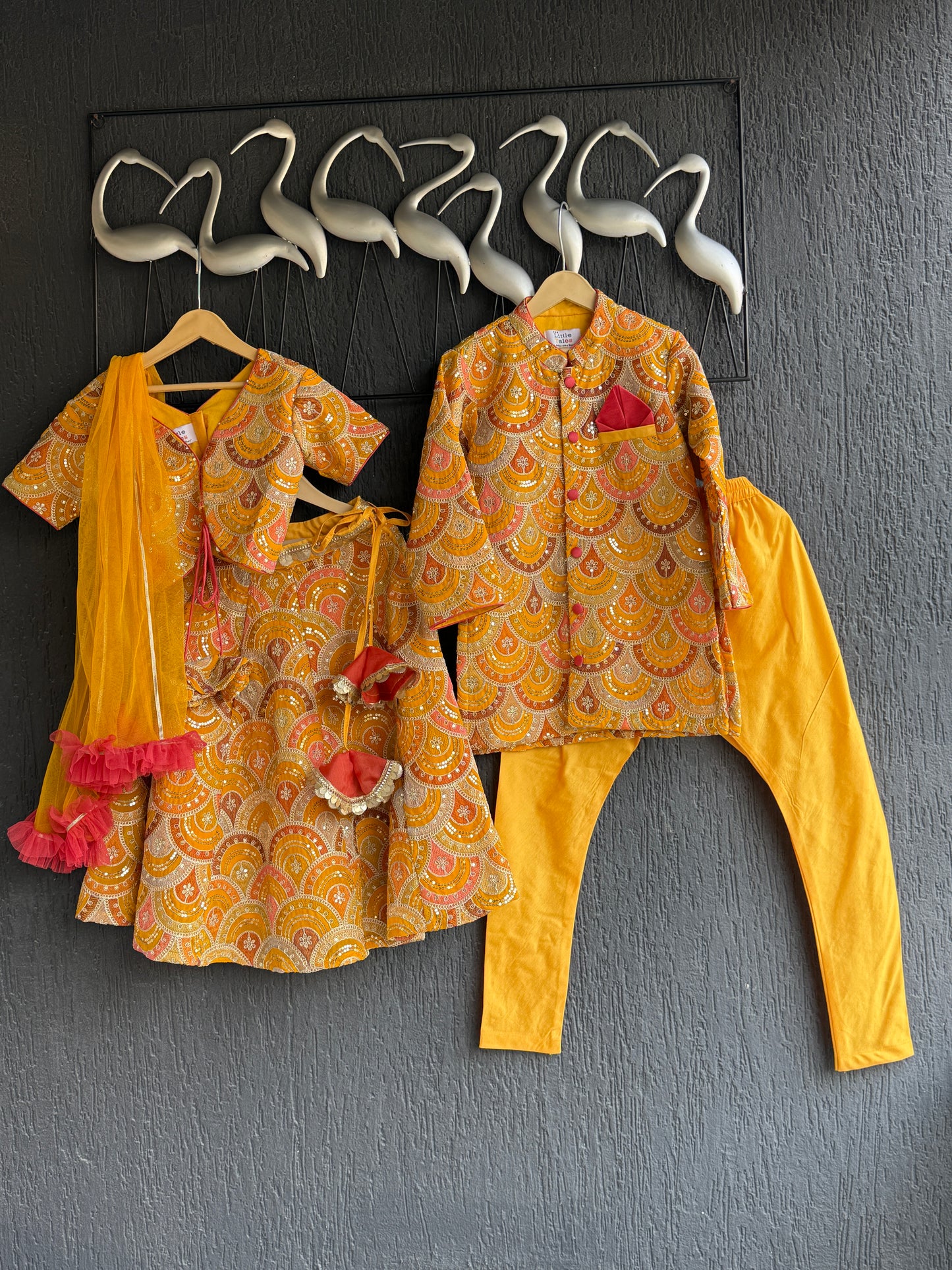 Mustard Yellow scallop embroidery Bandhgala churidar set