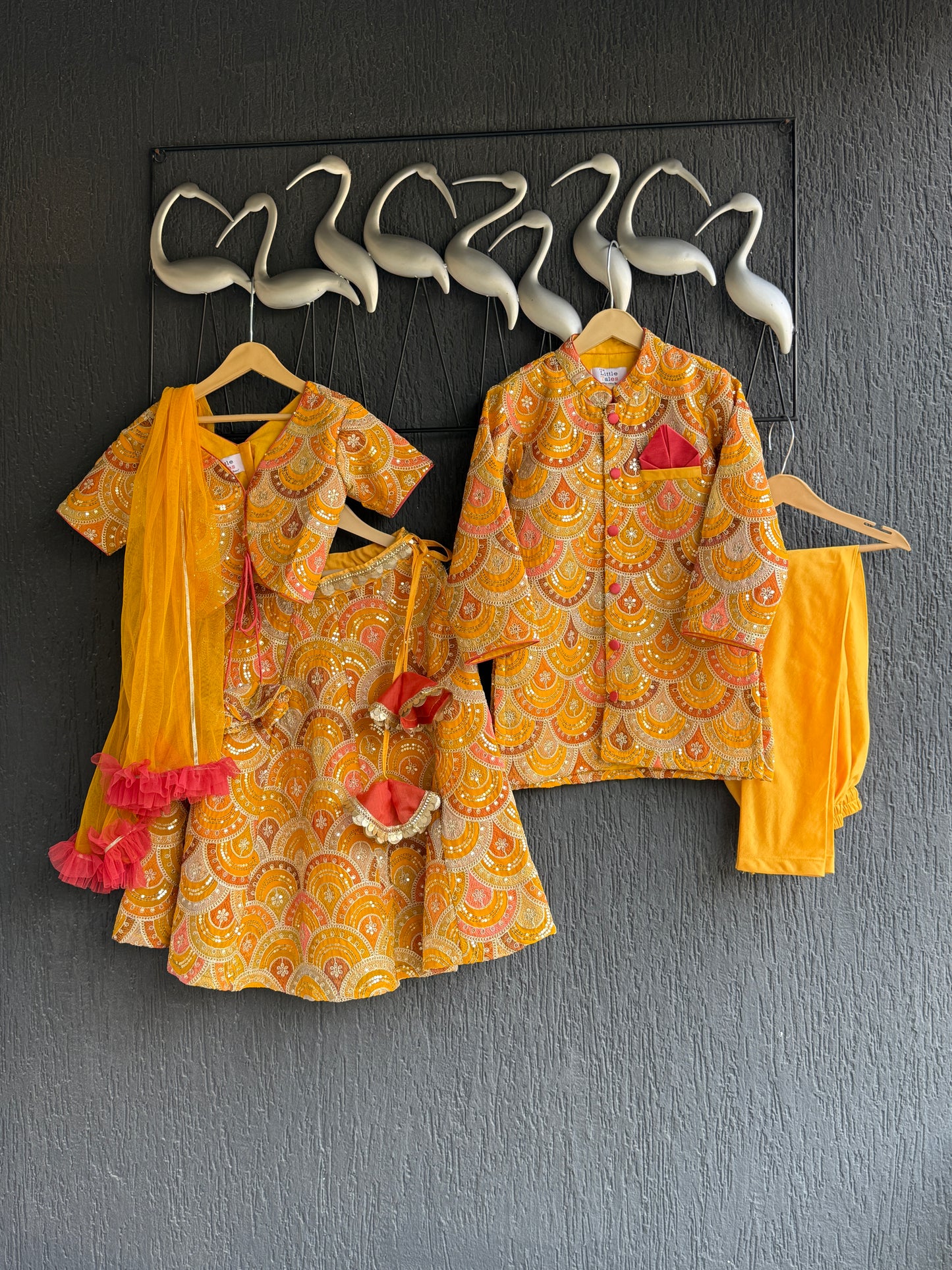 Mustard Yellow scallop embroidery Bandhgala churidar set