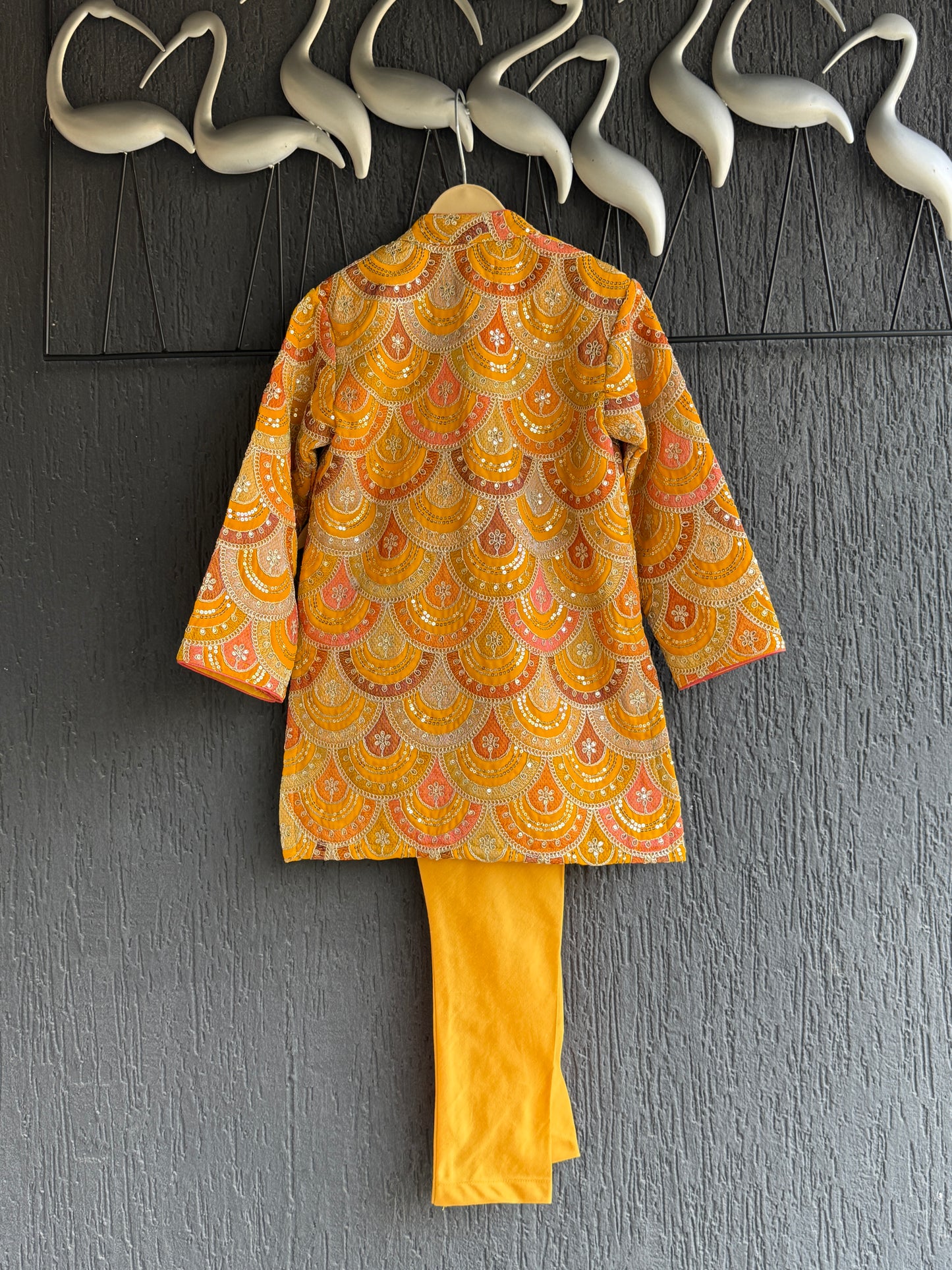 Mustard Yellow scallop embroidery Bandhgala churidar set