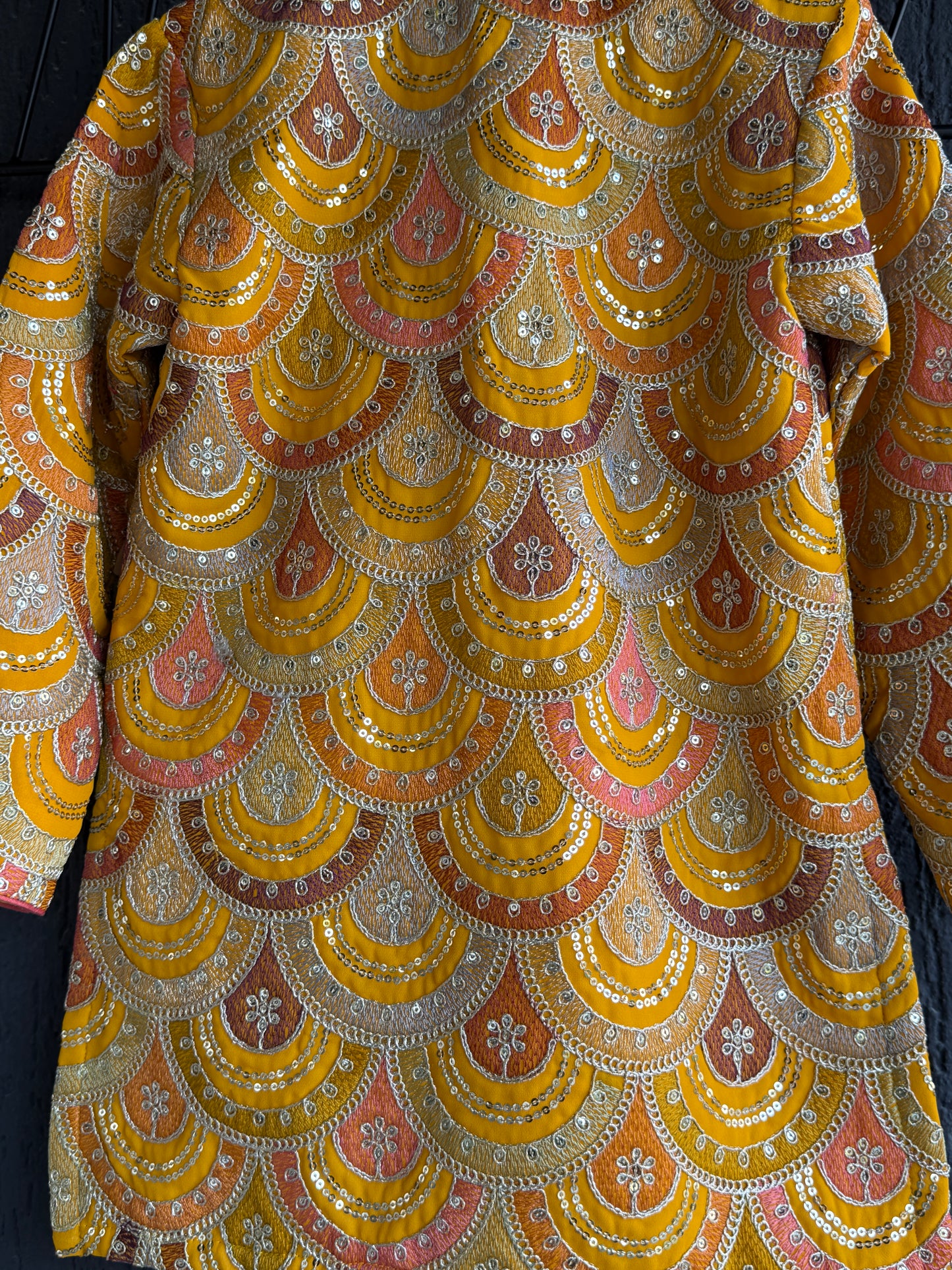 Mustard Yellow scallop embroidery Bandhgala churidar set