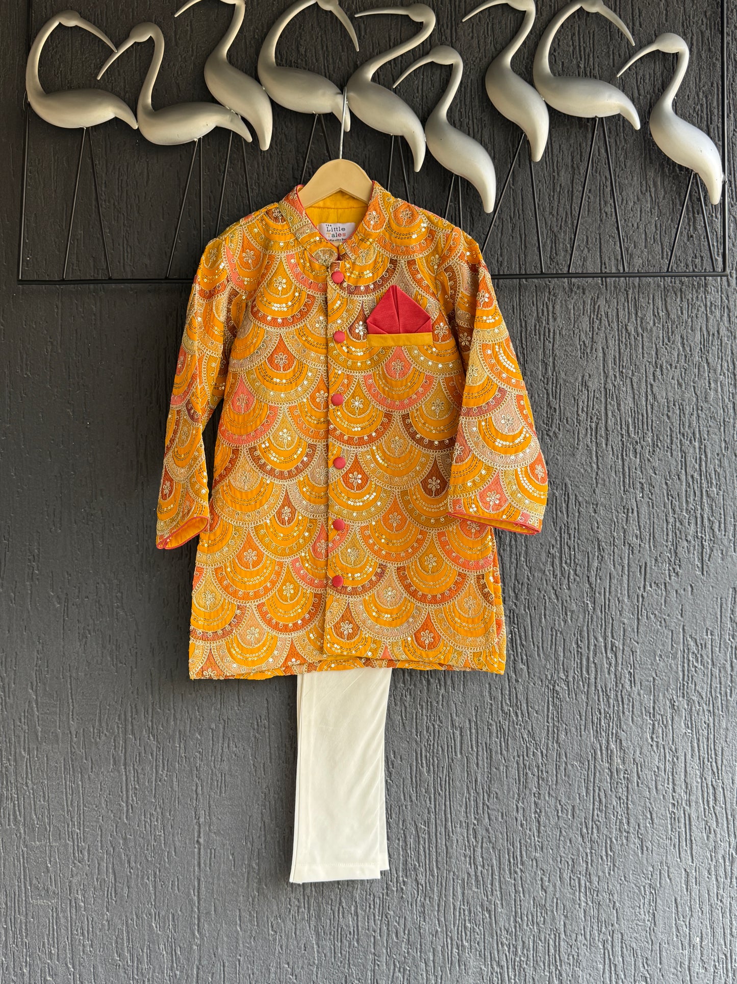Mustard Yellow scallop embroidery Bandhgala churidar set