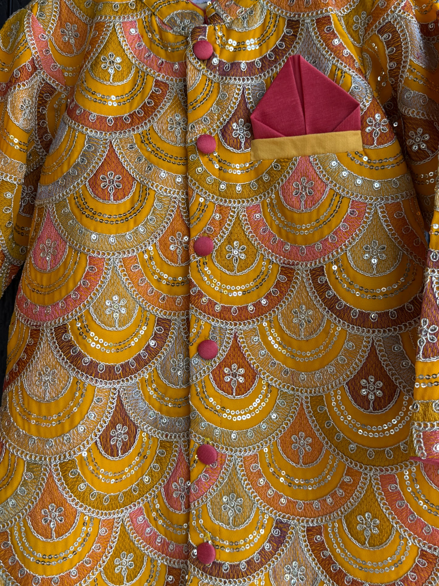 Mustard Yellow scallop embroidery Bandhgala churidar set