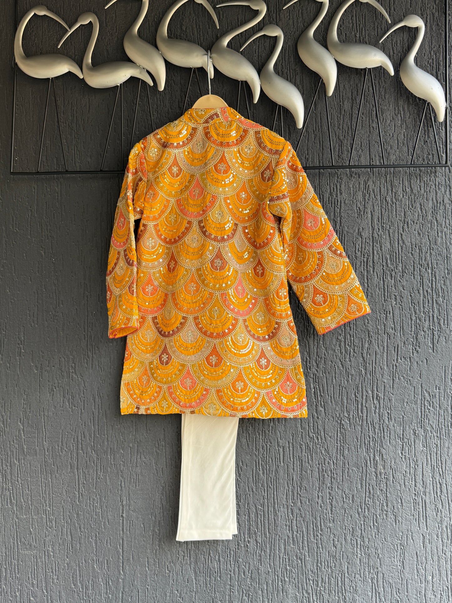 Mustard Yellow scallop embroidery Bandhgala churidar set