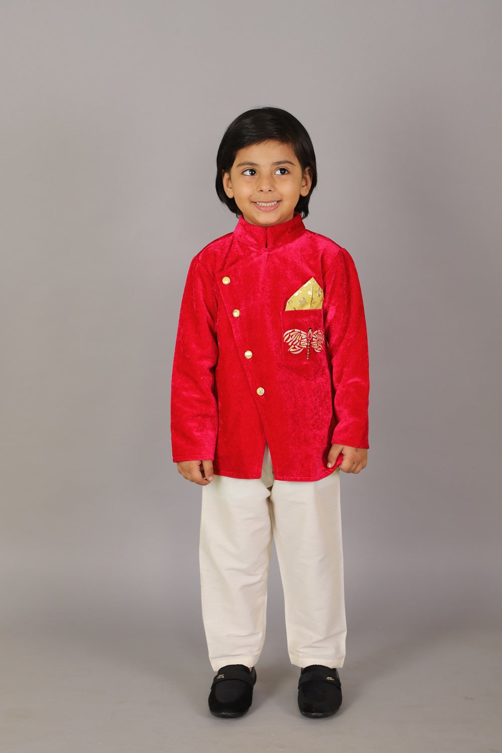 Pink Velvet bandhgala set with Offwhite trousers
