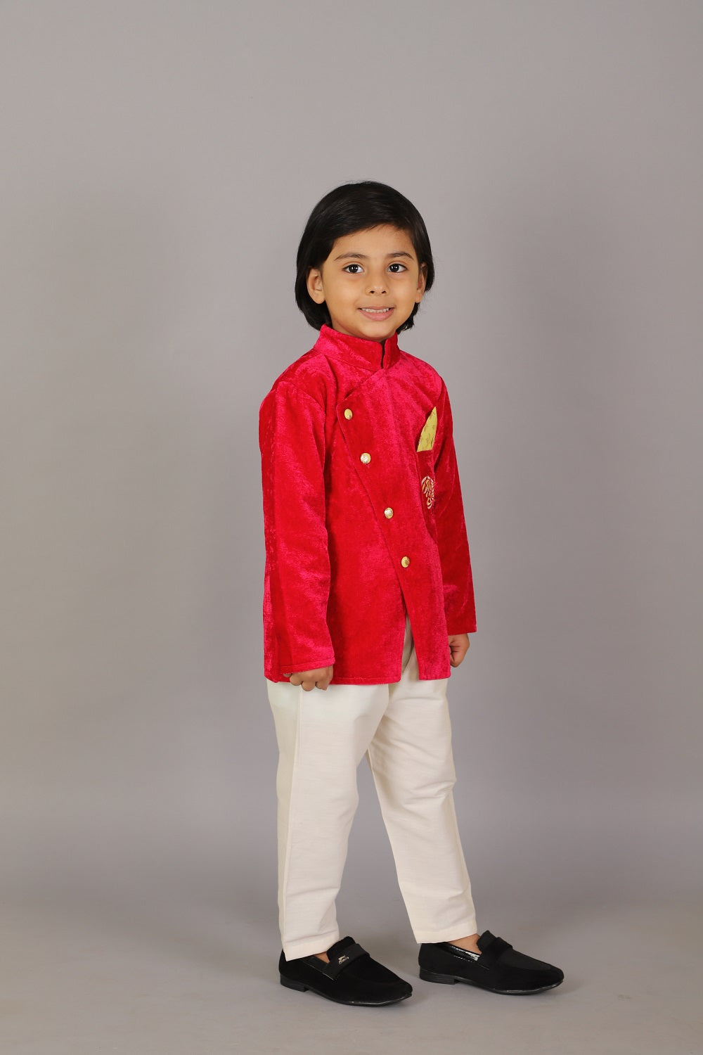 Pink Velvet bandhgala set with Offwhite trousers