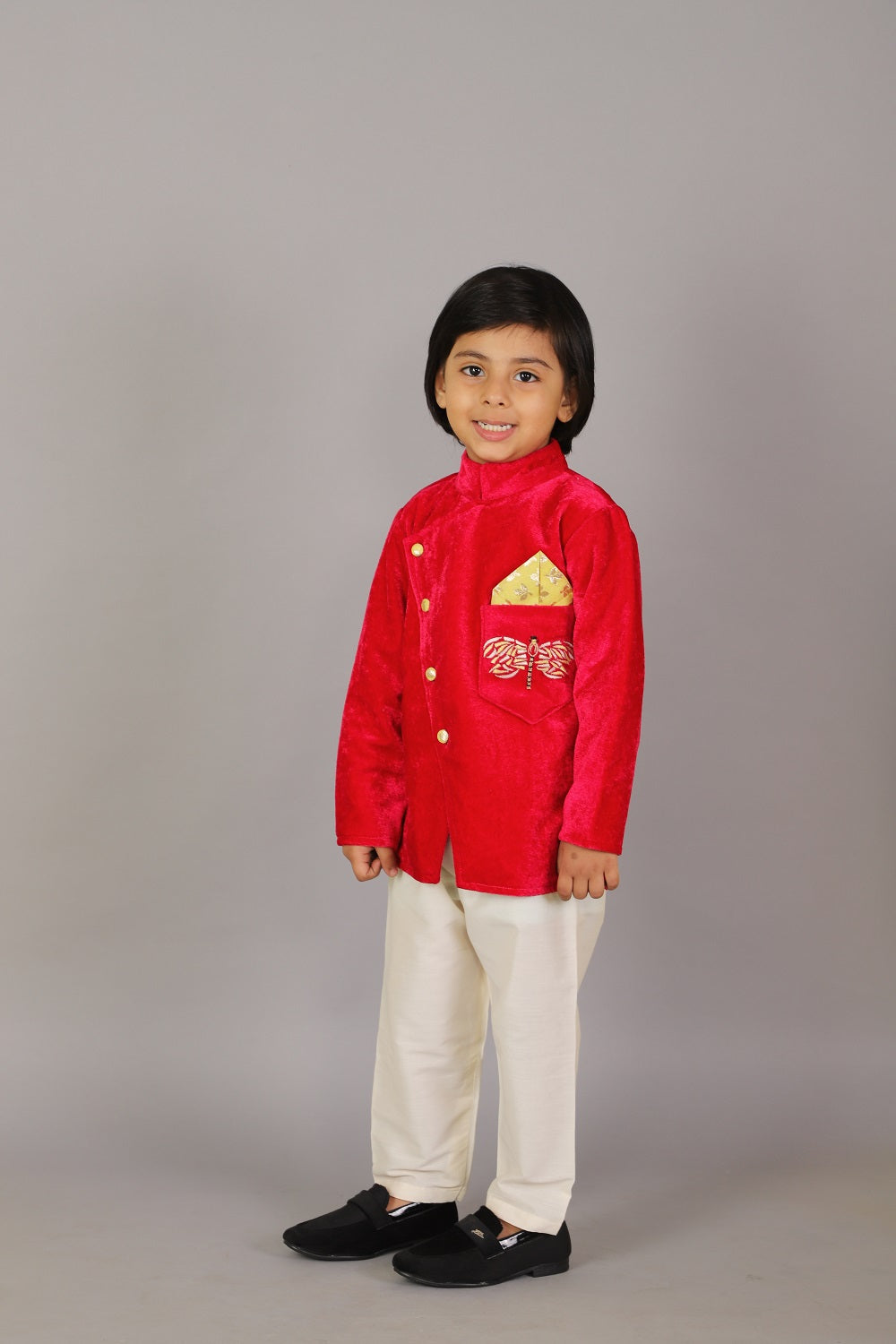 Pink Velvet bandhgala set with Offwhite trousers