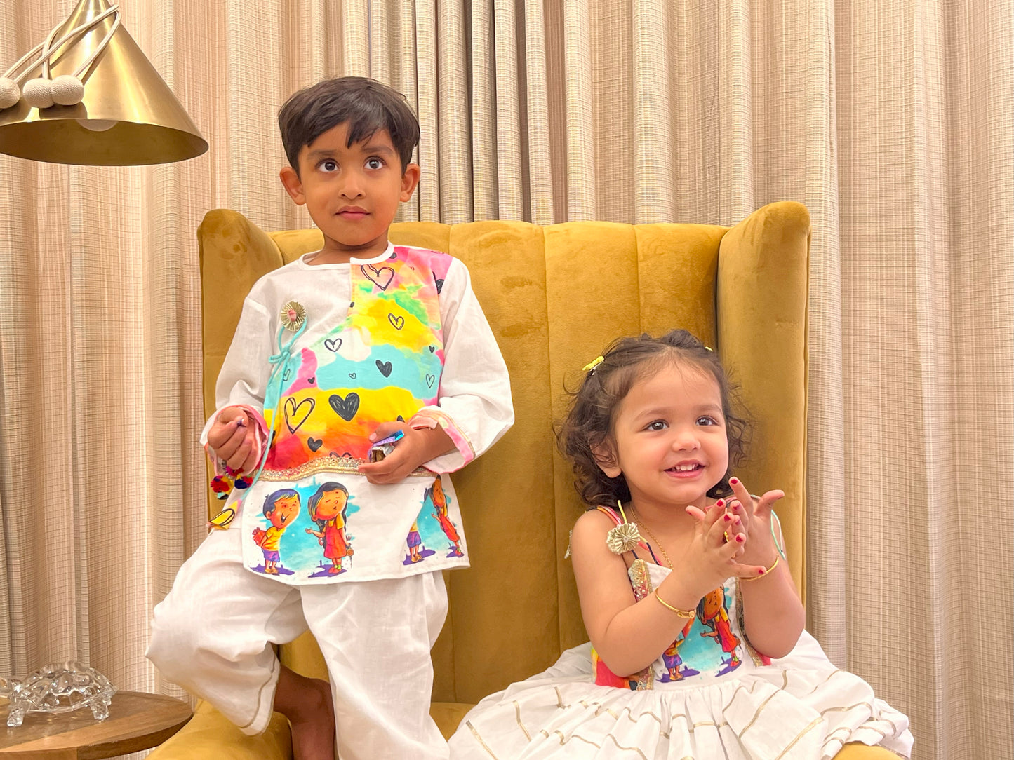Yellow printed kurta pyjama set with attached print panel