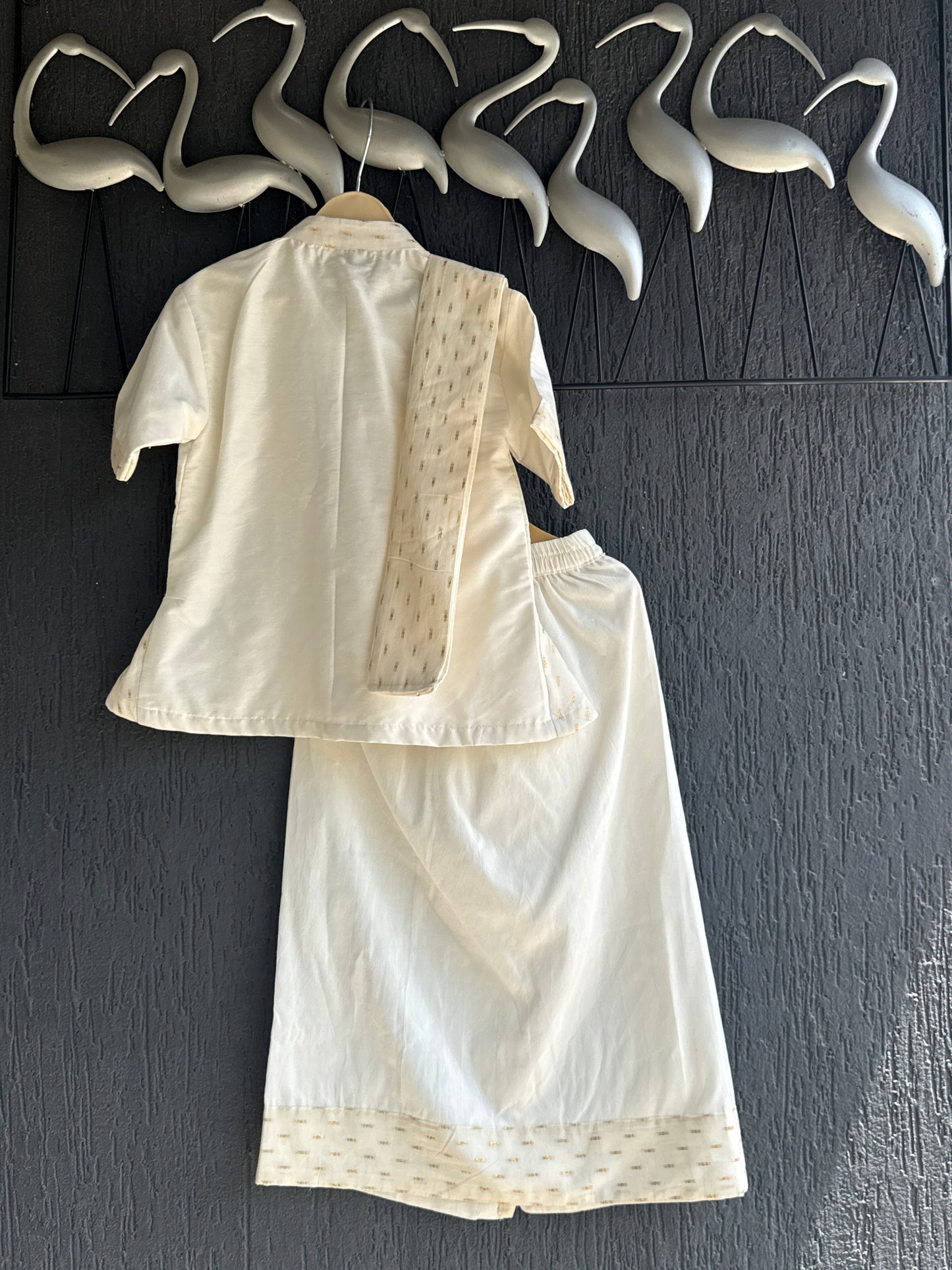 Off White Nehru Collar Shirt Lungi Set with Patka