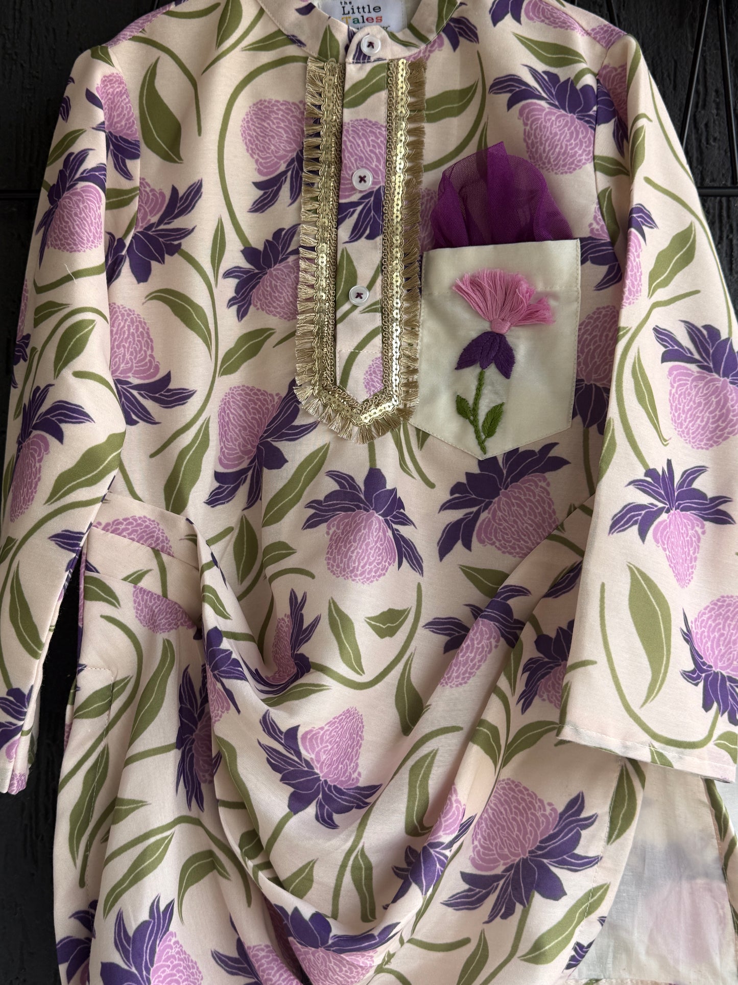 Off white purple floral cow kurta set