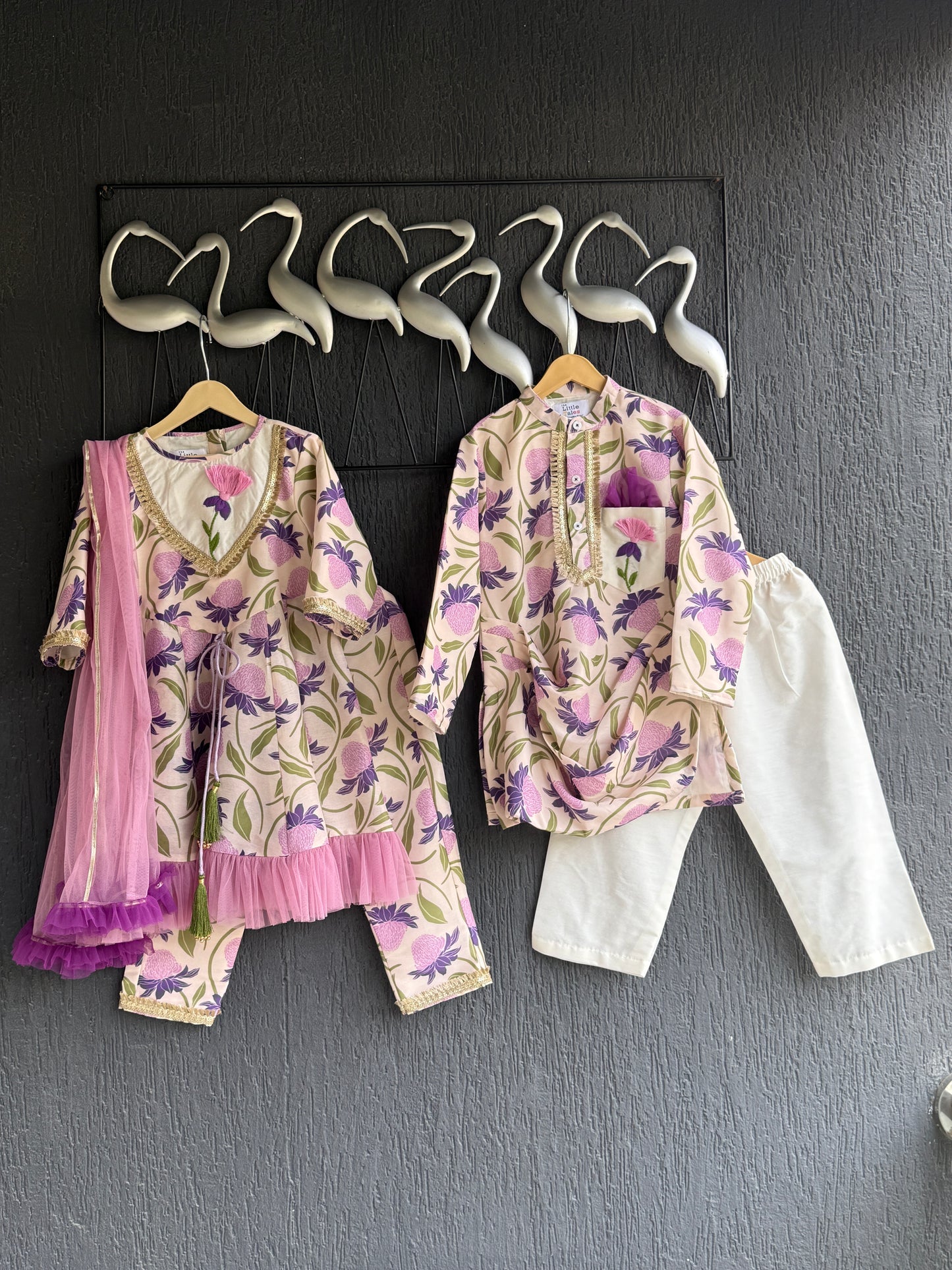 Off white purple floral cow kurta set