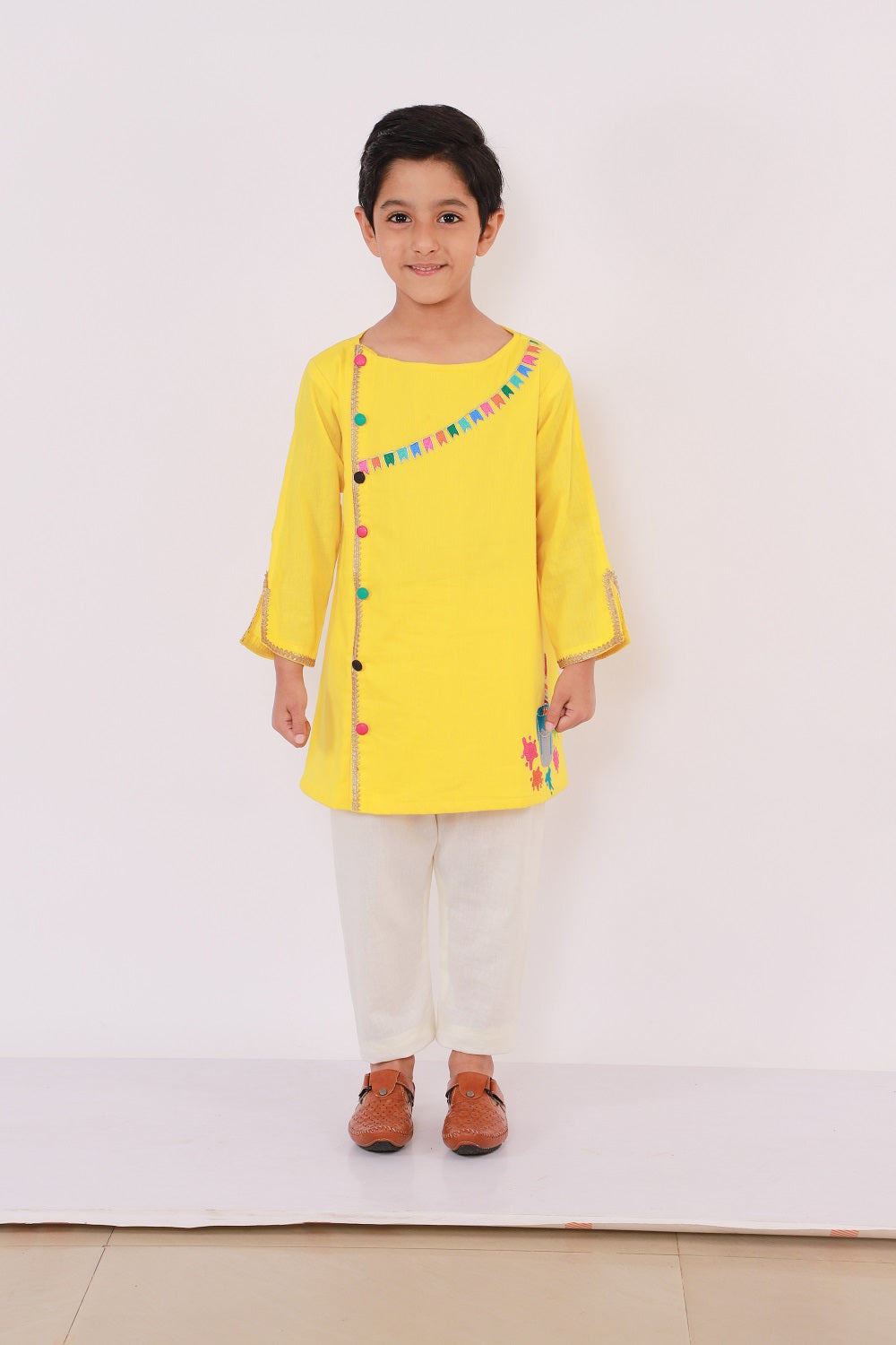Colorful Yellow Holi Bucket Embroidered Kurta Pyjama set