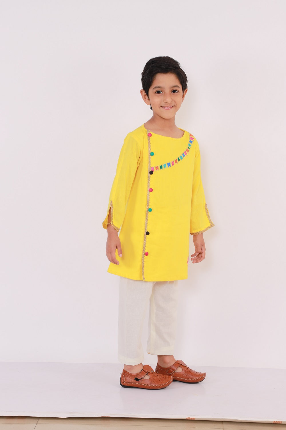 Colorful Yellow Holi Bucket Embroidered Kurta Pyjama set