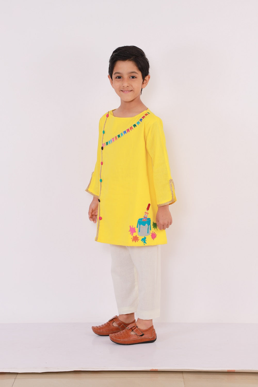 Colorful Yellow Holi Bucket Embroidered Kurta Pyjama set