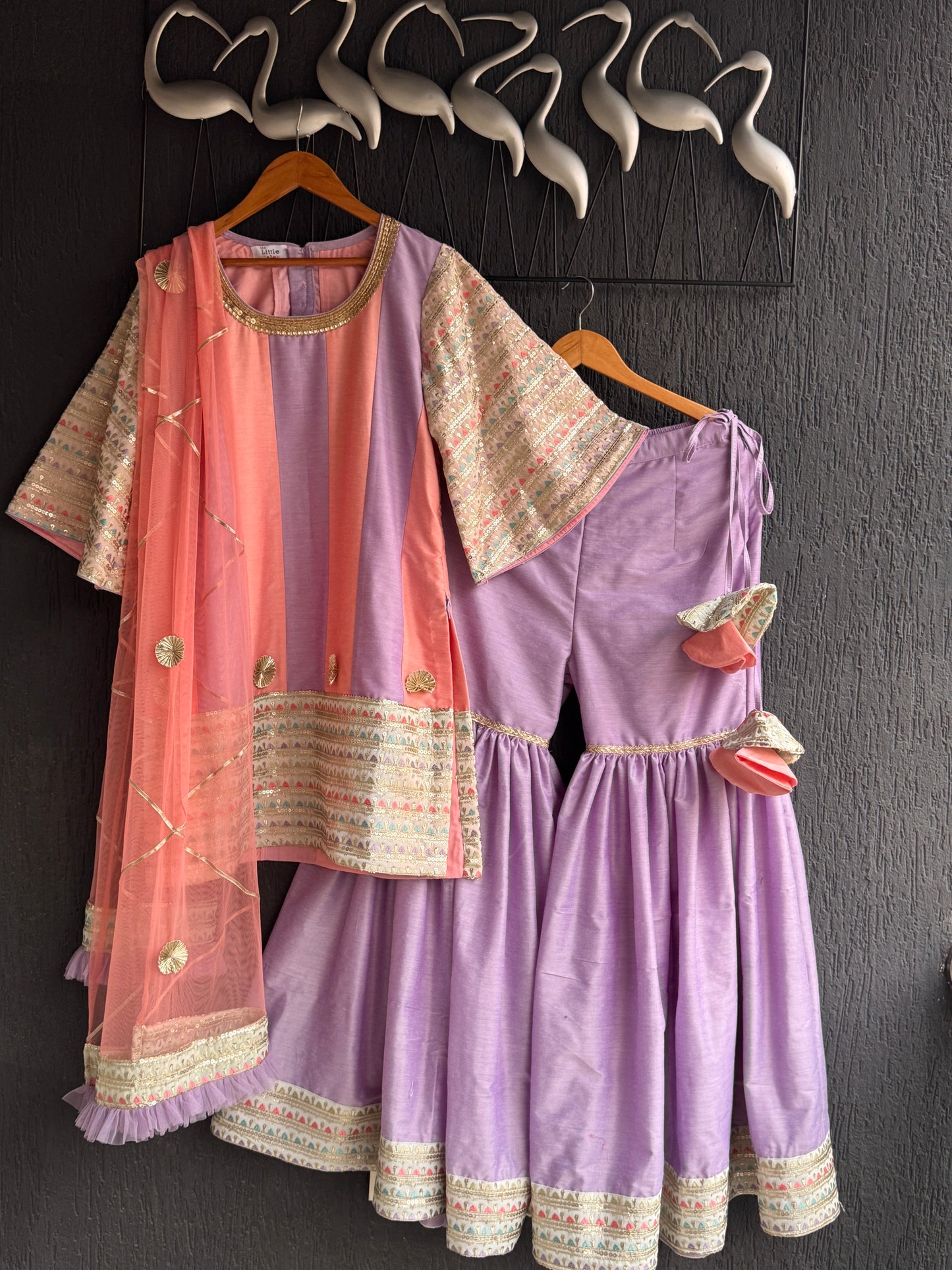 Peach and purple embroidery sharara set