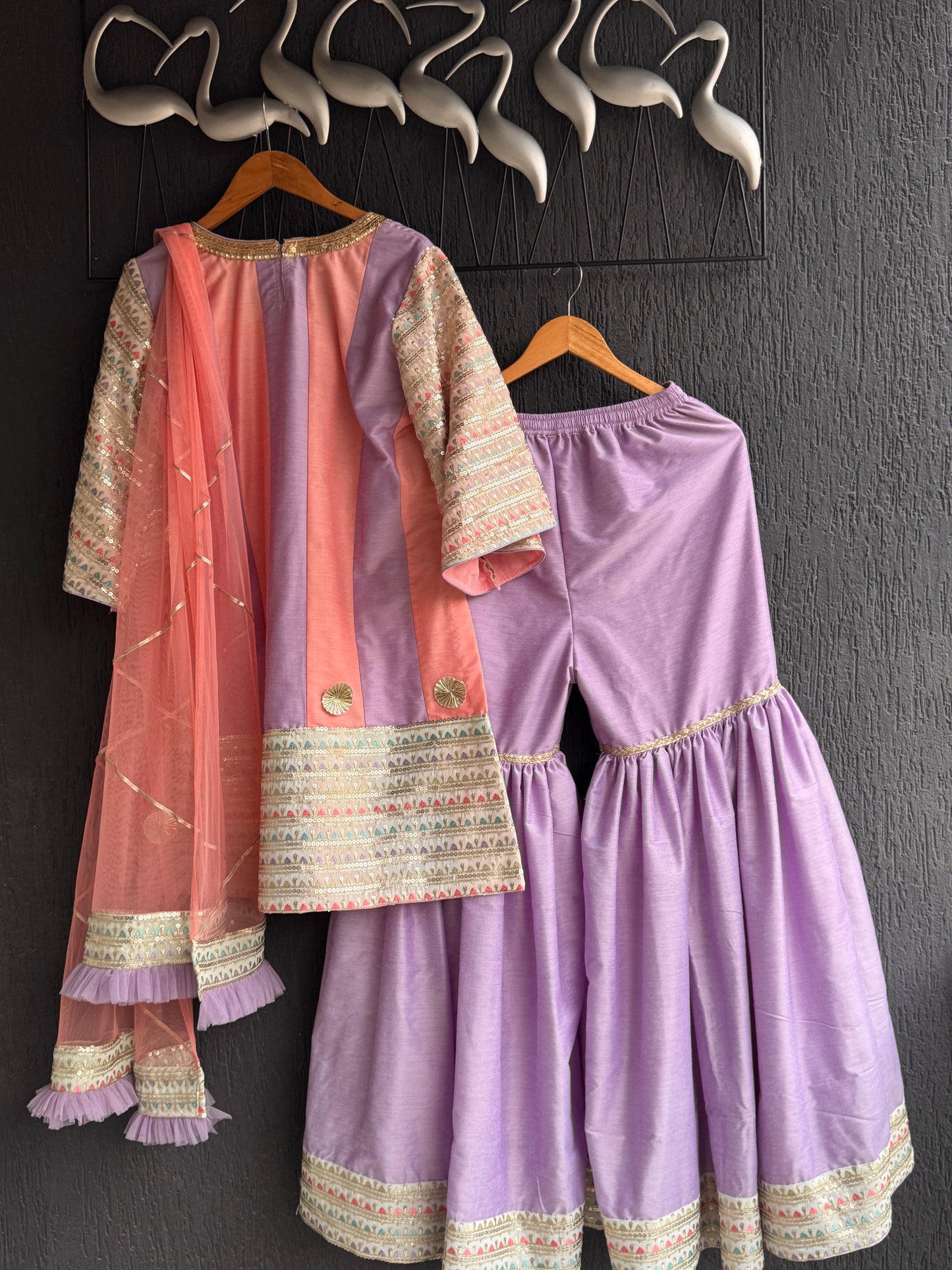 Peach and purple embroidery sharara set