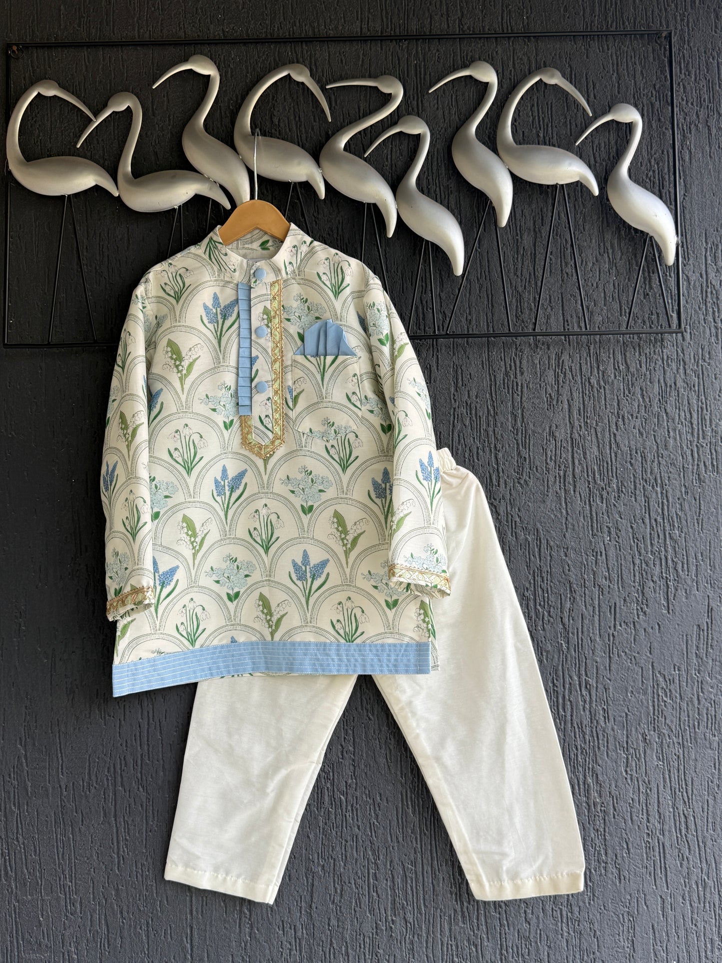 off white blue flower print kurta set