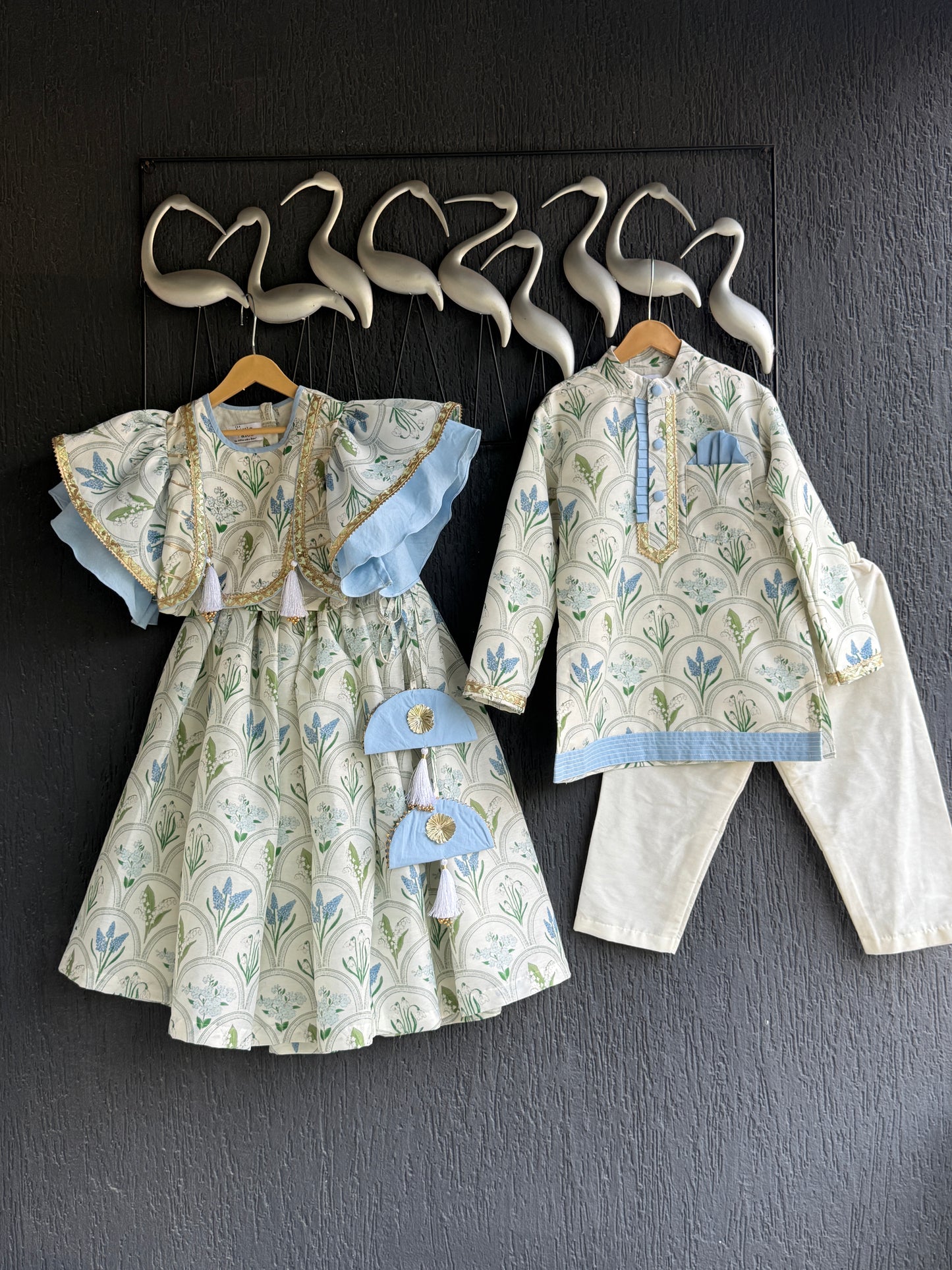 off white blue flower print kurta set