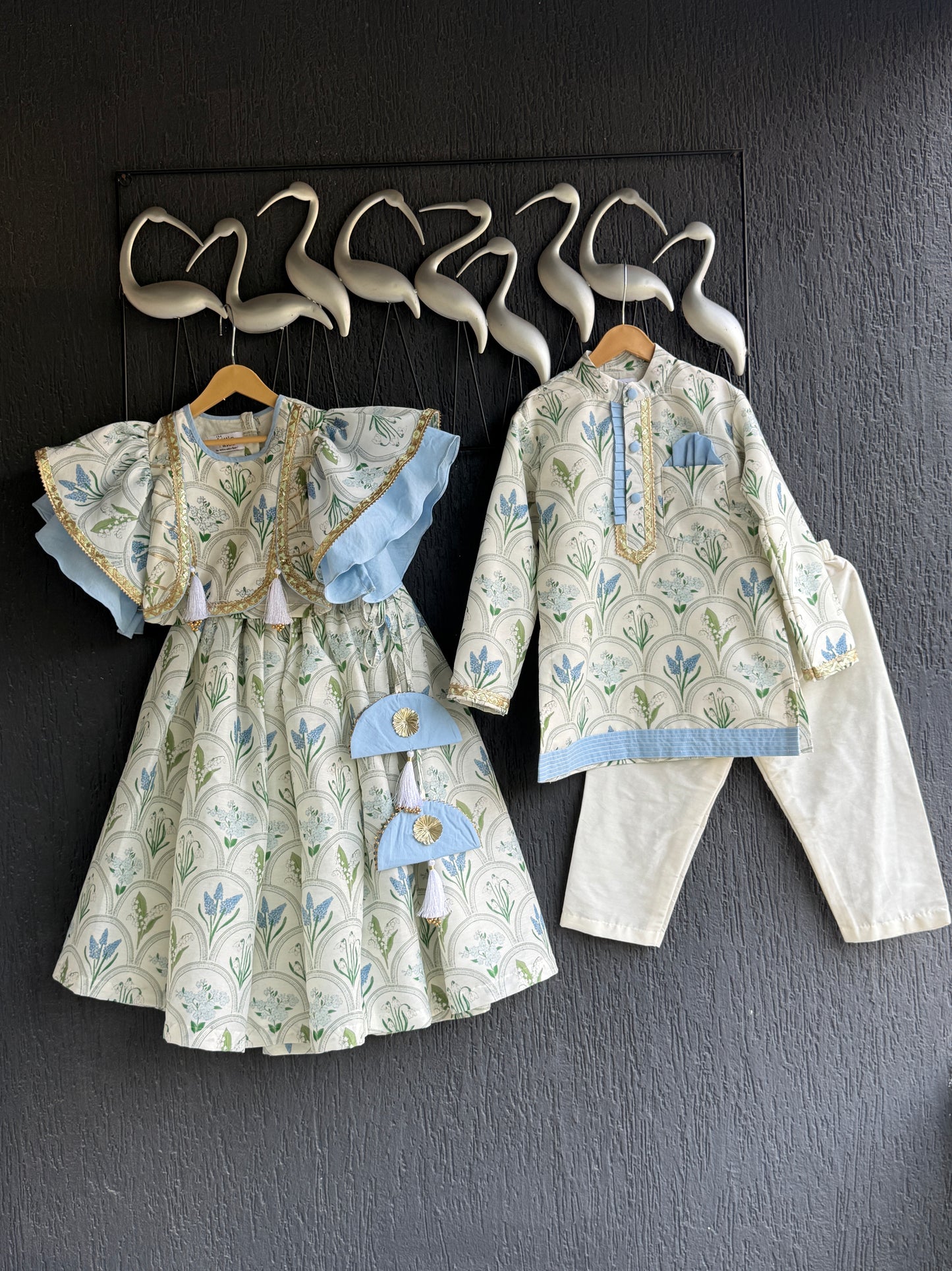 off white blue flower print kurta set
