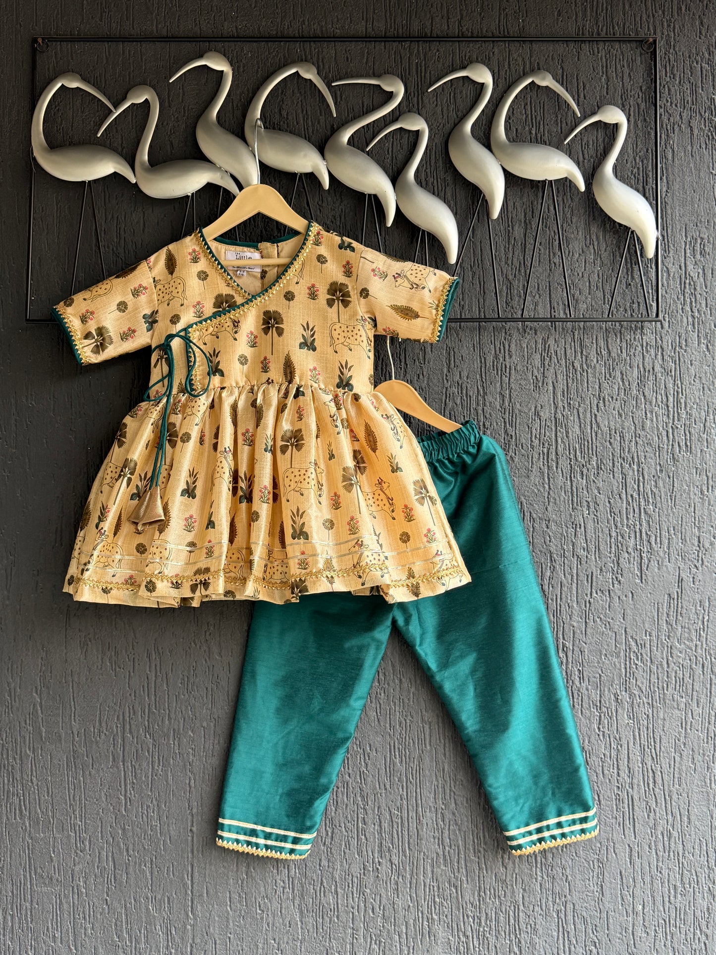 Golden dark green cow print Angrakha dhoti set