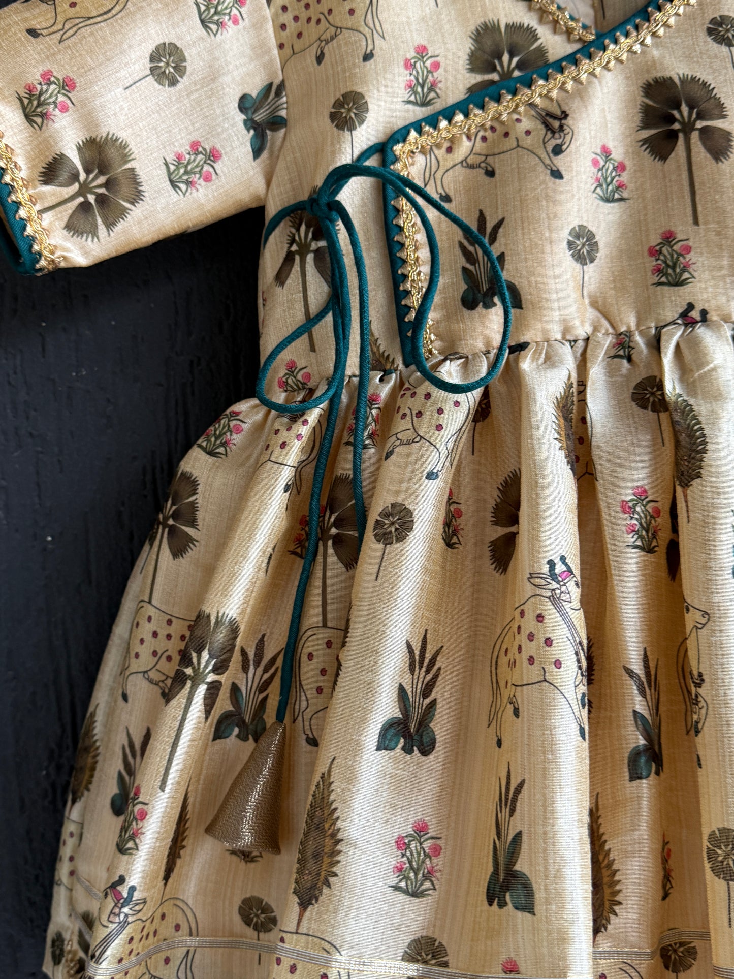 Golden dark green cow print Angrakha dhoti set