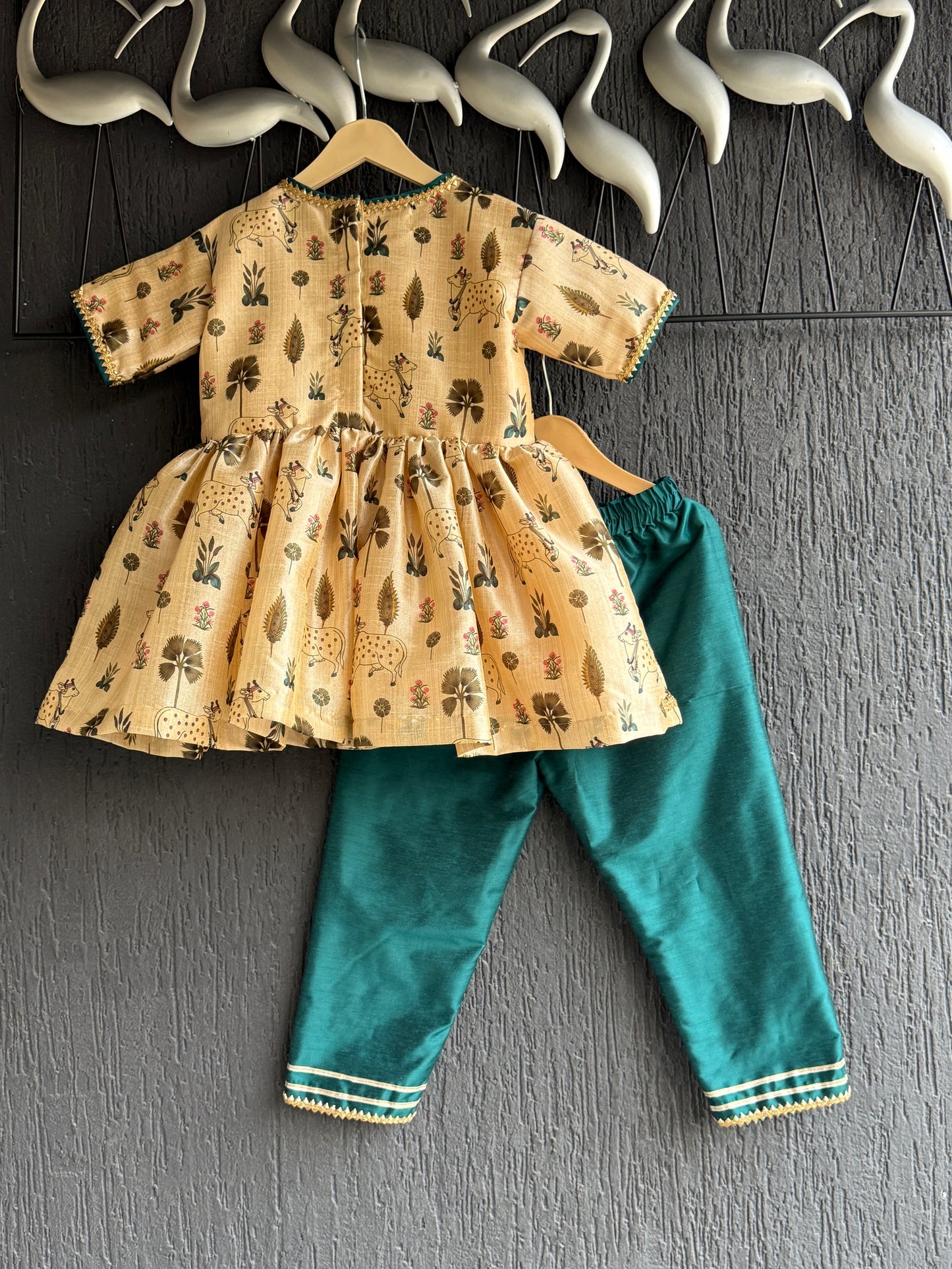 Golden dark green cow print Angrakha dhoti set